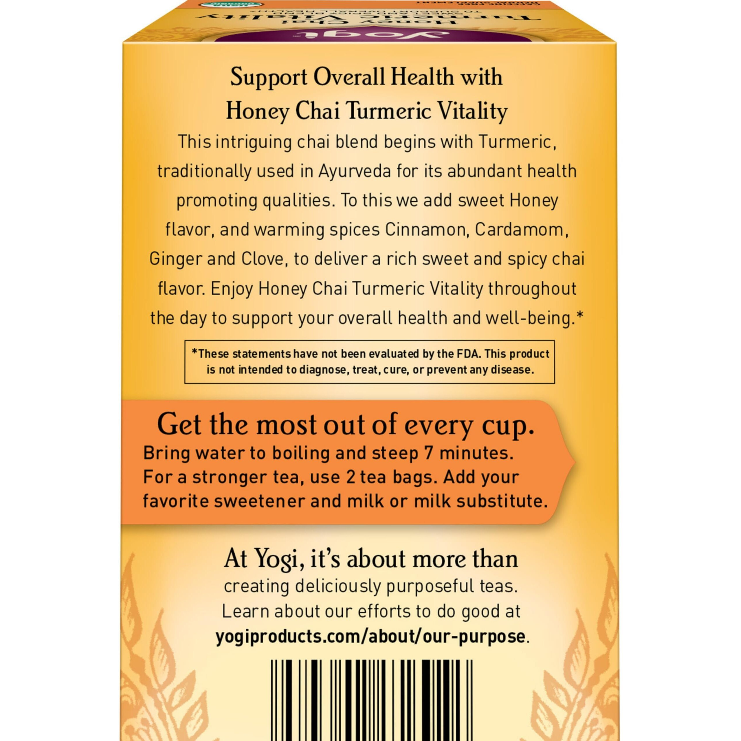 Yogi Tea Honey Chai Turmeric Vitality Tea - 16 Tea Bags Per Pack (4 Packs) - Organic Tea To Support Overall Health - Includes Cinnamon Bark, Turmeric Root, Cardamom Pod, Ginger Root & More