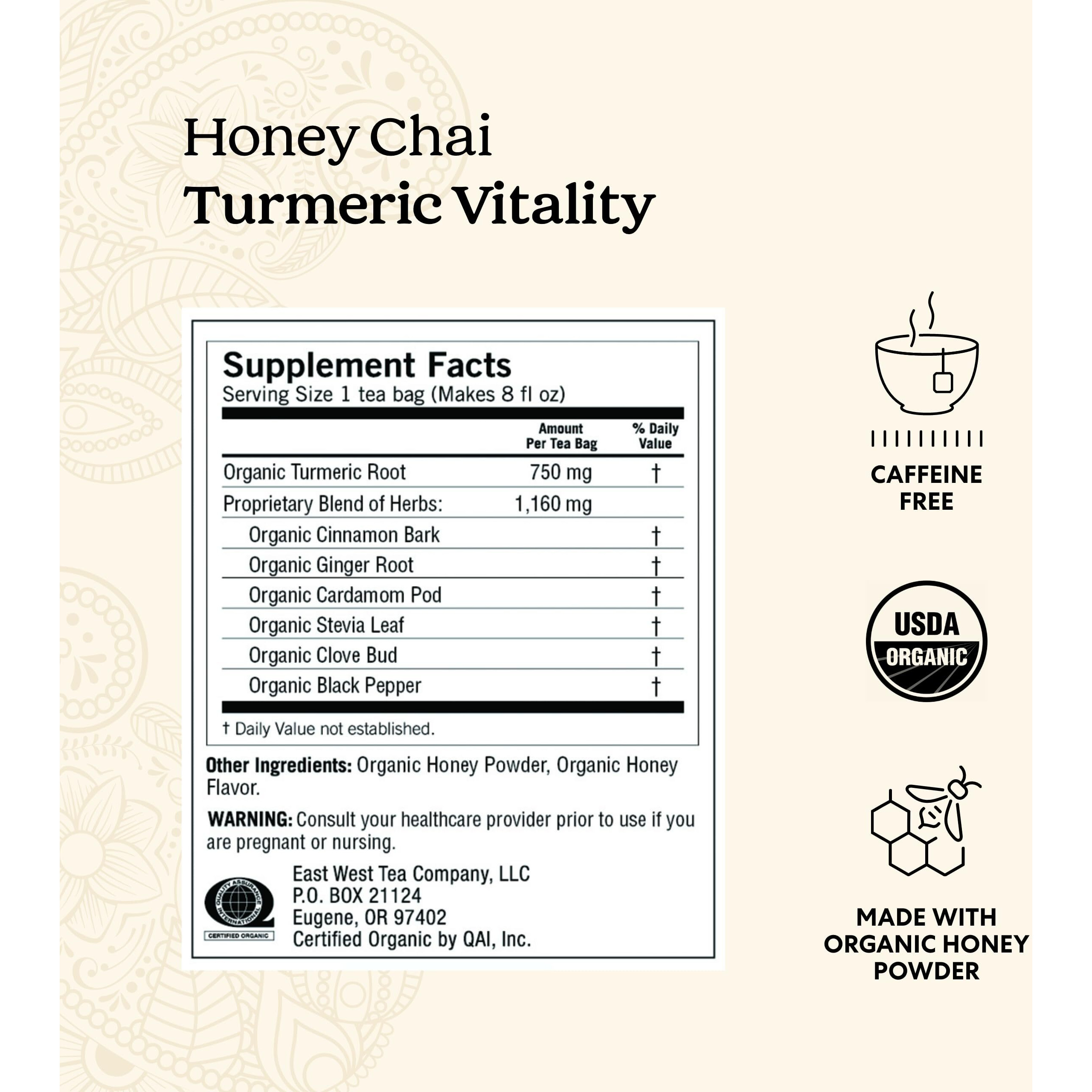 Yogi Tea Honey Chai Turmeric Vitality Tea - 16 Tea Bags Per Pack (4 Packs) - Organic Tea To Support Overall Health - Includes Cinnamon Bark, Turmeric Root, Cardamom Pod, Ginger Root & More