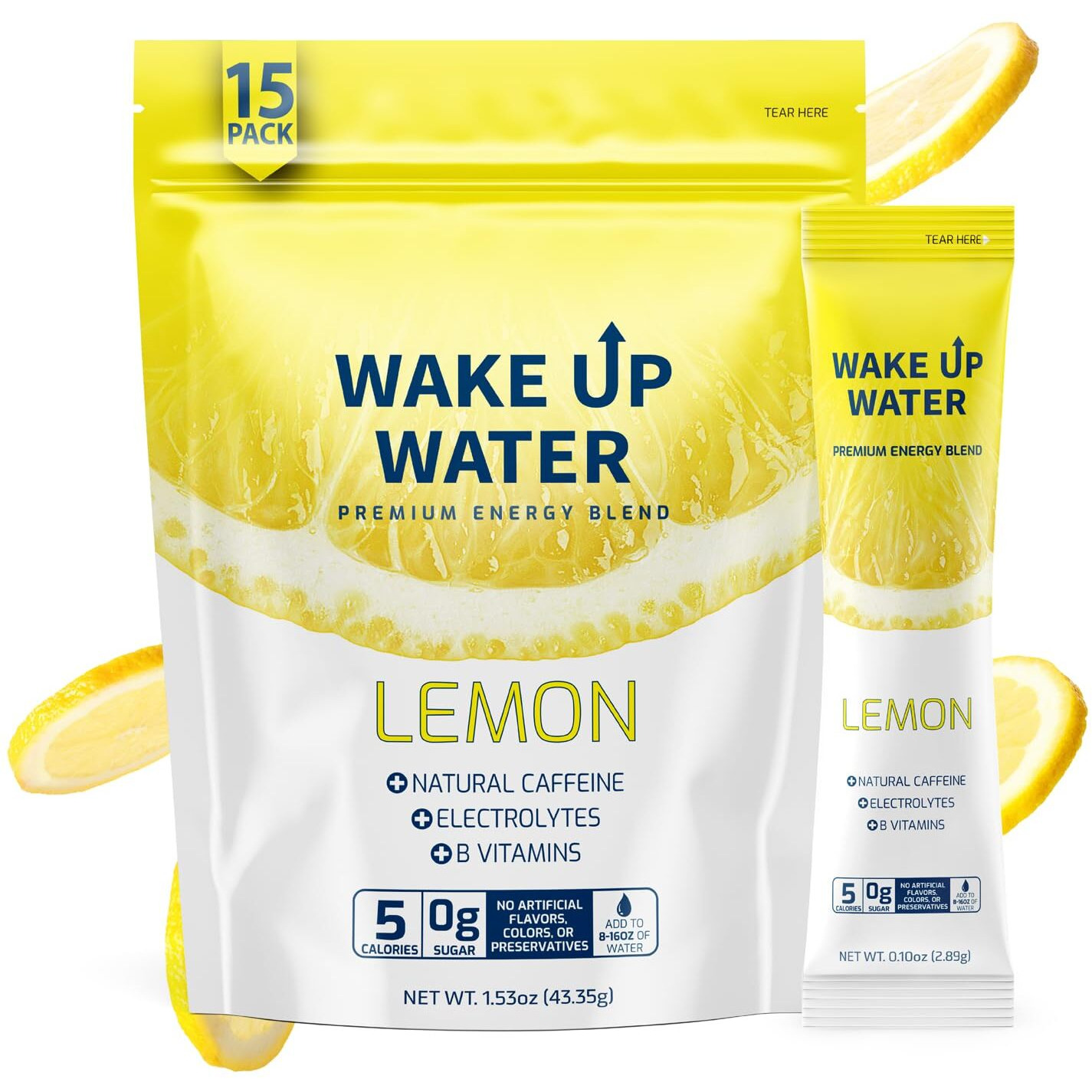 Wake Up Water - Energy + Hydration Packets (15 Pack), Lemon Flavor - Electrolytes Powder Drink Mix W/Natural Caffeine, Electrolytes, B Vitamins - 5 Calories, Sugar Free, Gluten Free - .10 Oz (2.9G)