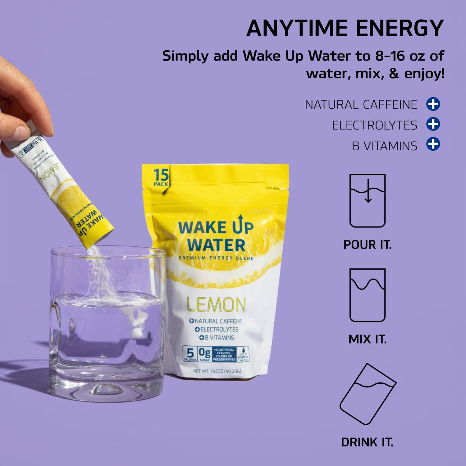 Wake Up Water - Energy + Hydration Packets (15 Pack), Lemon Flavor - Electrolytes Powder Drink Mix W/Natural Caffeine, Electrolytes, B Vitamins - 5 Calories, Sugar Free, Gluten Free - .10 Oz (2.9G)