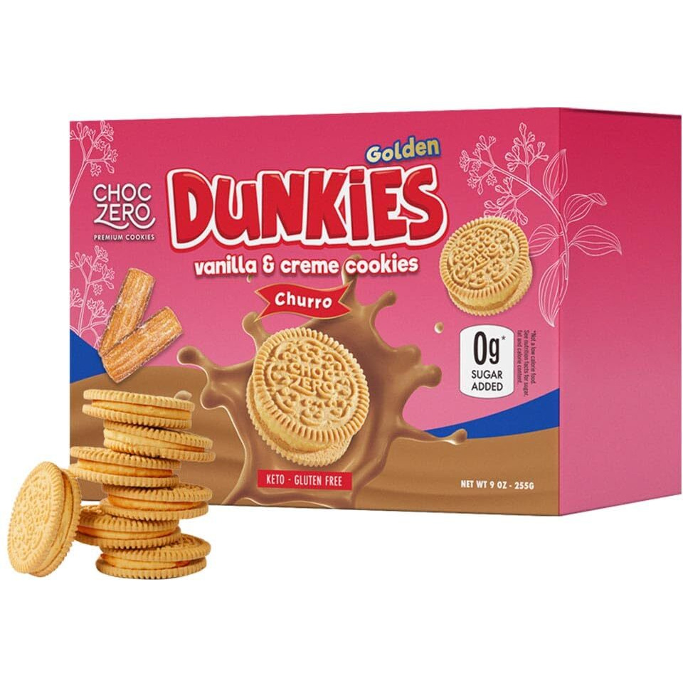Choczero Churro Creme Vanilla Sandwich Cookies - Low Sugar, Gluten Free, Keto Friendly Dunkies (1 Box, 9Oz)
