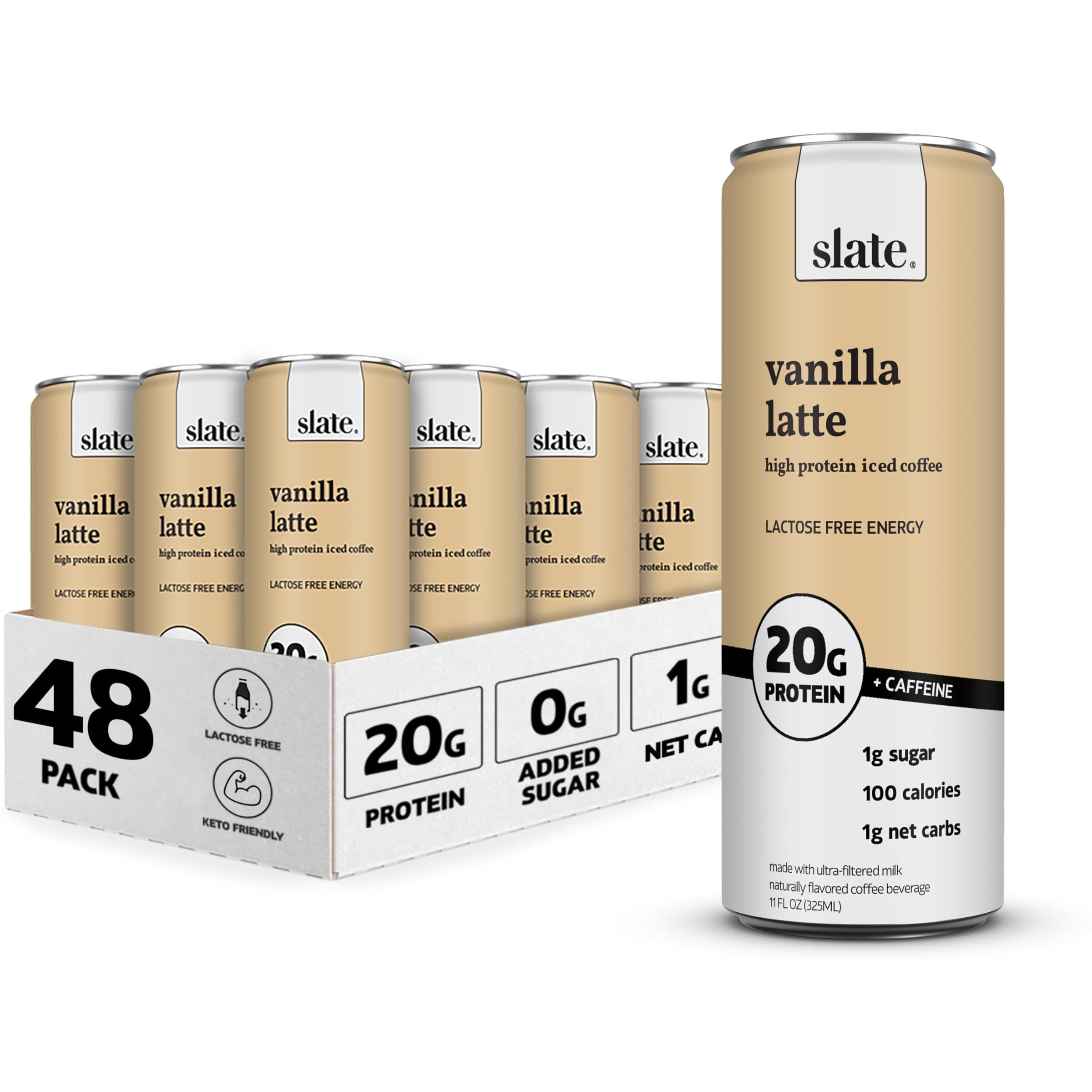 Slate Milk - High Protein Iced Coffee - Vanilla Latte - 175Mg Caffeine, Lactose Free Energy - 20G Protein, 1G Sugar, 100 Calories, 1G Net Carbs, No Sugar Added - Protein Coffee - 11 Fl Oz, 48 Cans