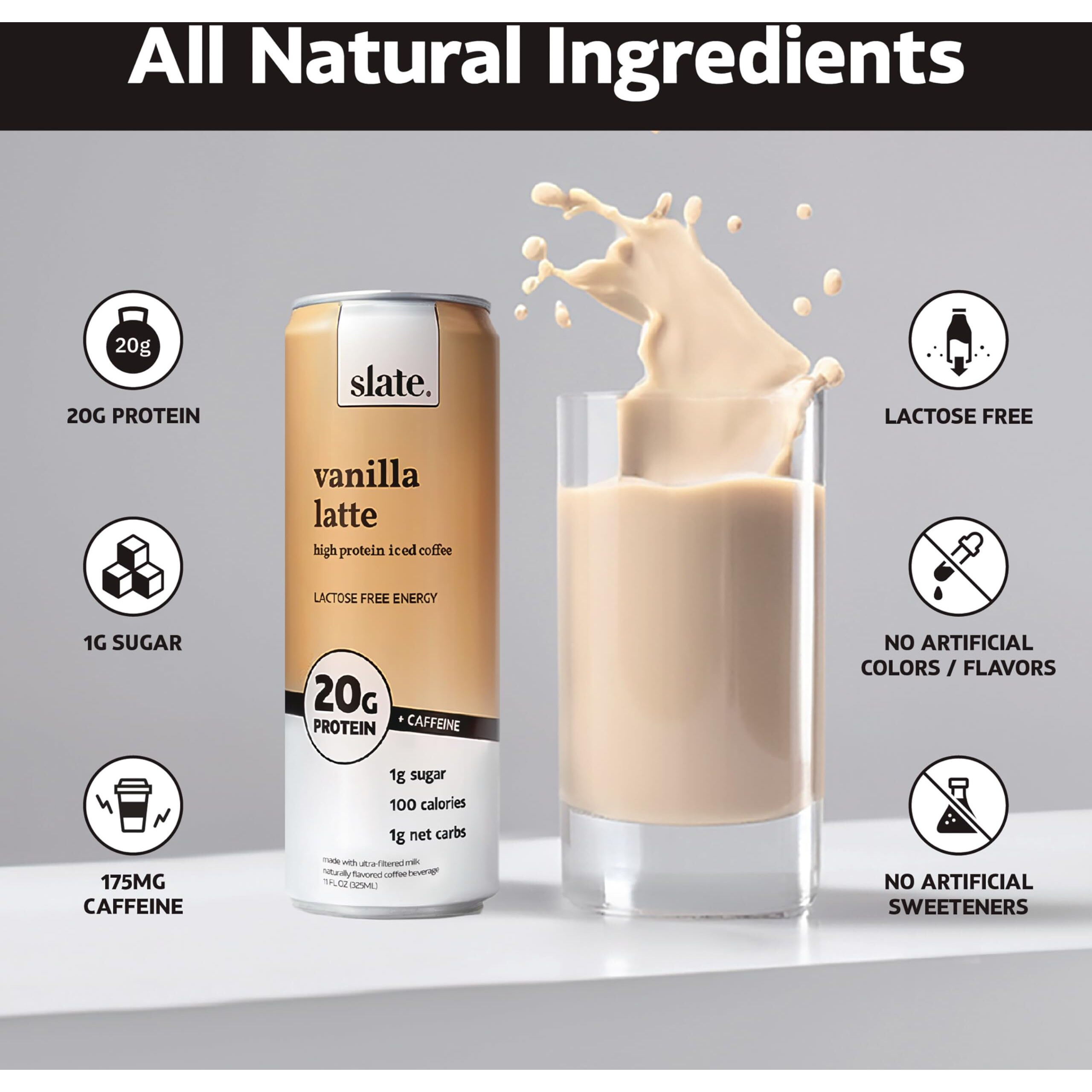 Slate Milk - High Protein Iced Coffee - Vanilla Latte - 175Mg Caffeine, Lactose Free Energy - 20G Protein, 1G Sugar, 100 Calories, 1G Net Carbs, No Sugar Added - Protein Coffee - 11 Fl Oz, 48 Cans