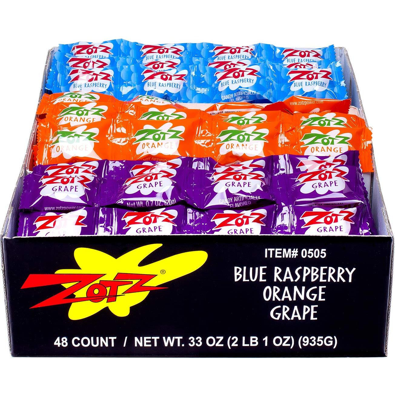 Zotz Fizz Power Candy Assorted - Fruit Flavored Hard Candy With A Fizzy Center | 48 Strings, 4 Pieces/String | Blue Raspberry, Orange & Grape | Gluten-Free