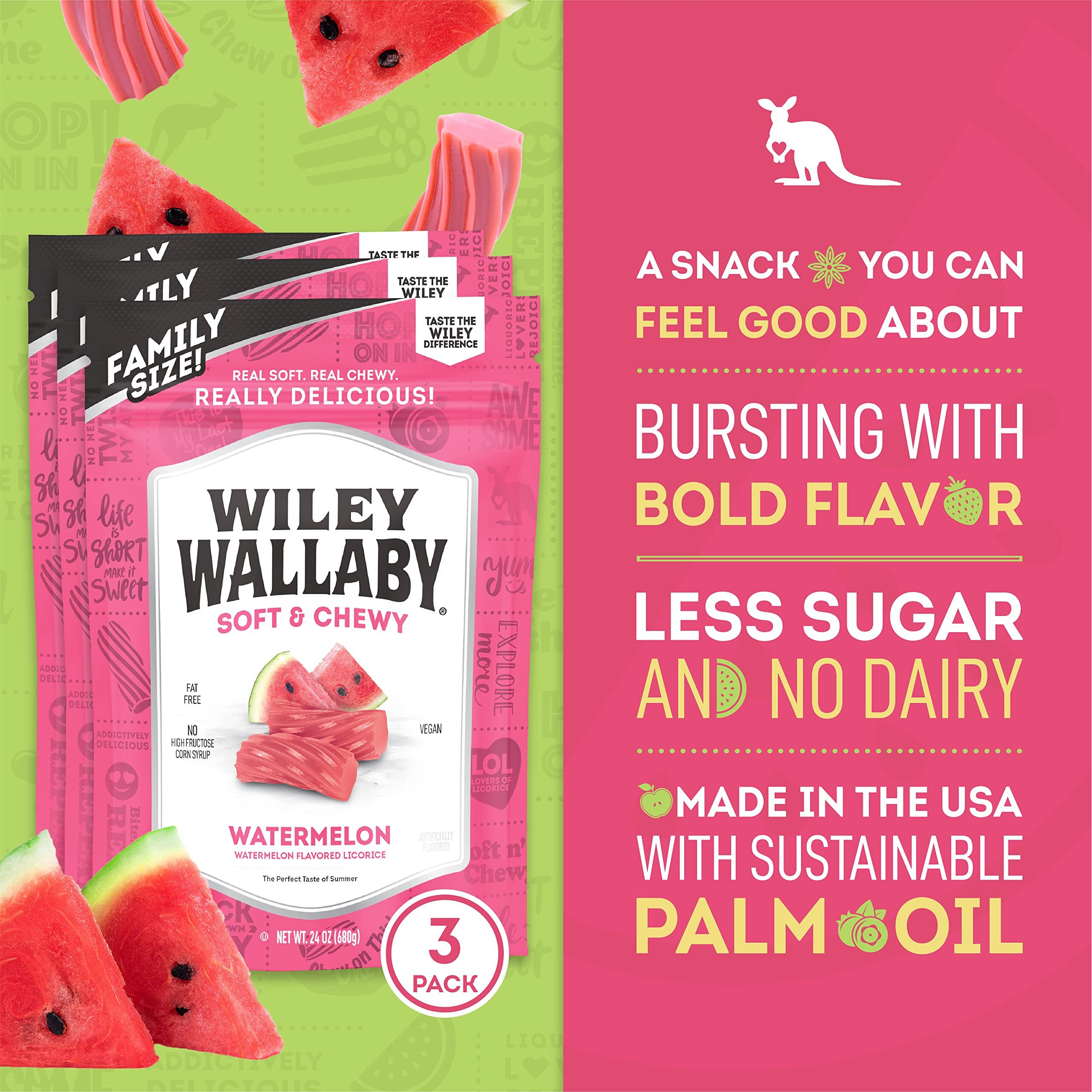 Wiley Wallaby Licorice 24 Ounce Classic Gourmet Soft & Chewy Australian Watermelon Licorice Candy Twists, 3 Pack