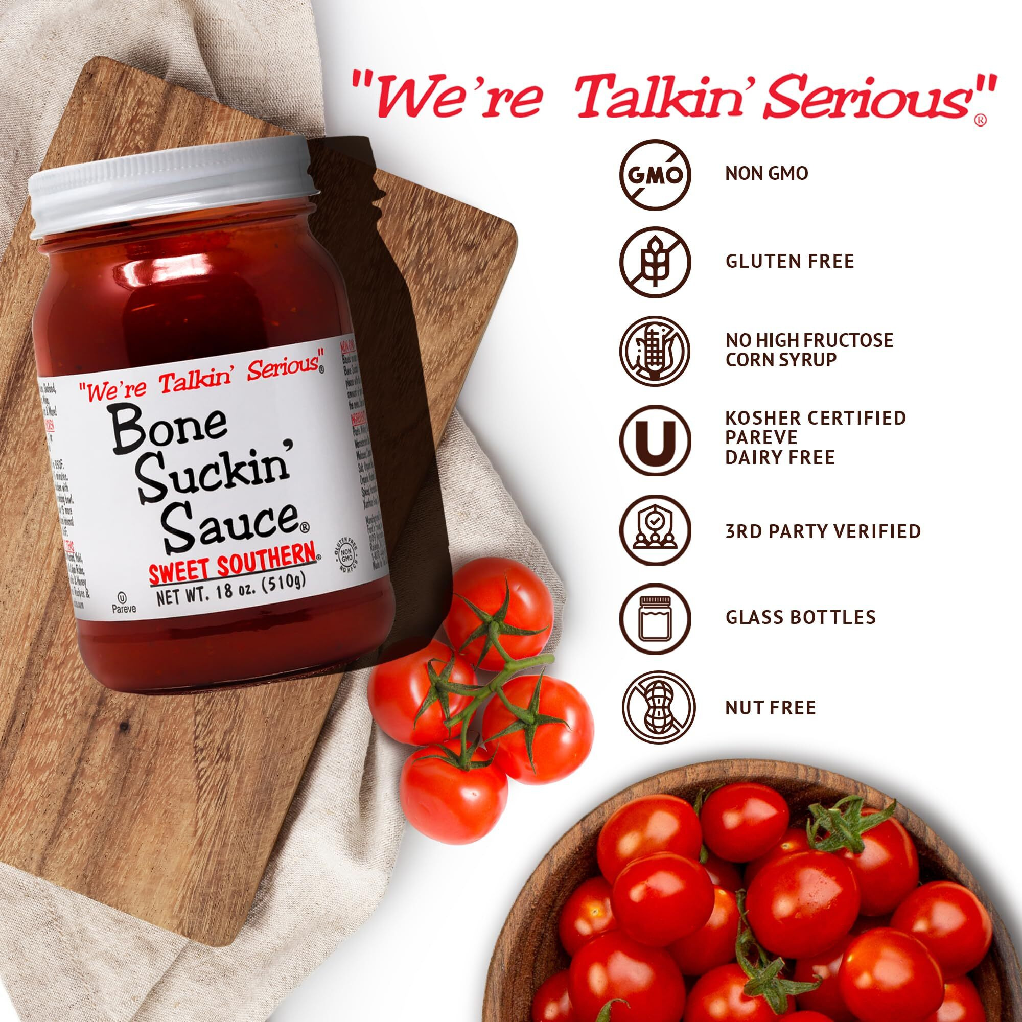 Bone Suckin' Sauce Sweet Southern Bbq Sauce - 18 Oz In Glass Bottle, All-Purpose Barbecue Sauce, For Ribs, Chicken, Pork, Beef, Gluten-Free, Non-Gmo, Kosher, Sweetened W/Cane Sugar & Molasses - 1 Pc