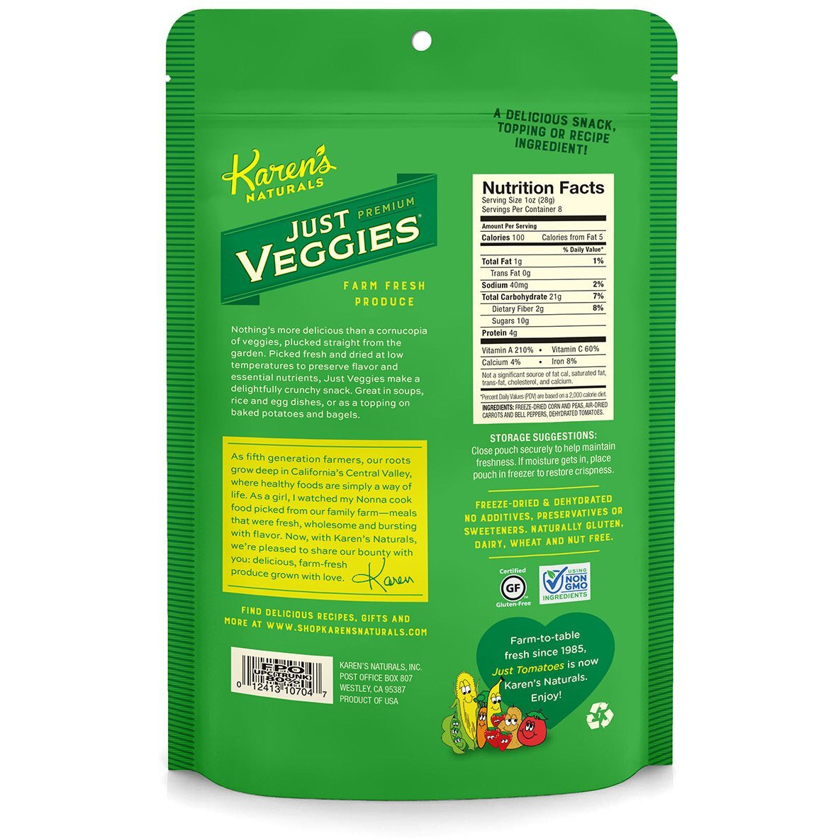 Karen's Naturals Just Veggies, 8 Ounce Pouches, Keto Friendly All Natural Freeze Dried Vegetables, Vegan, Paleo, Gluten Free, Healthy Dried Veggie Sna...