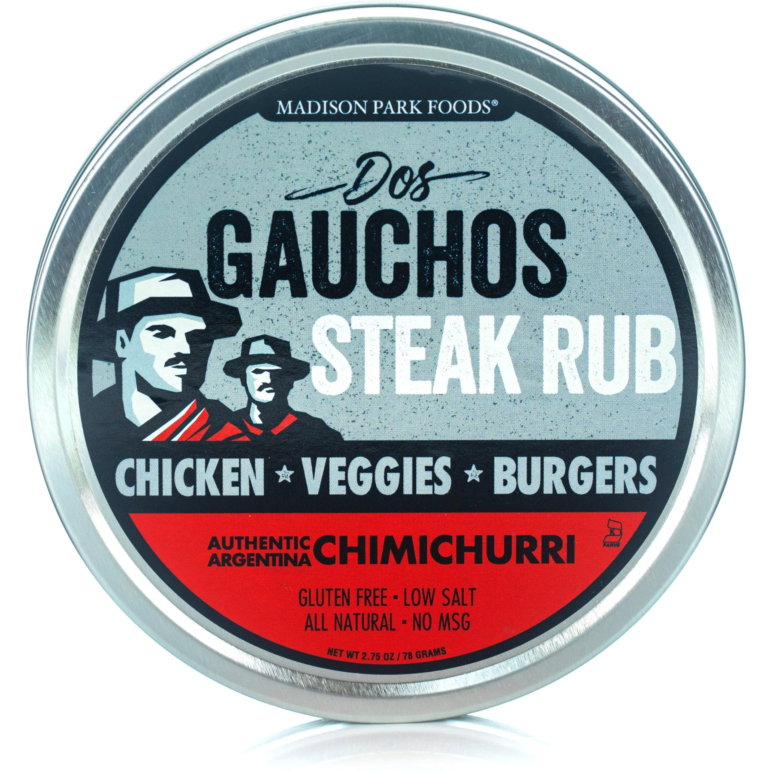 Dos Gauchos Argentinian Steak Rub-Authentic Chimichurri Dry Spice Blend-Grilling, Smoking, Roasting - All Natural, Gluten Free, Keto, Sugar Free, Low Sodium, No Msg - Madison Park Foods, 2.75 Oz Tin