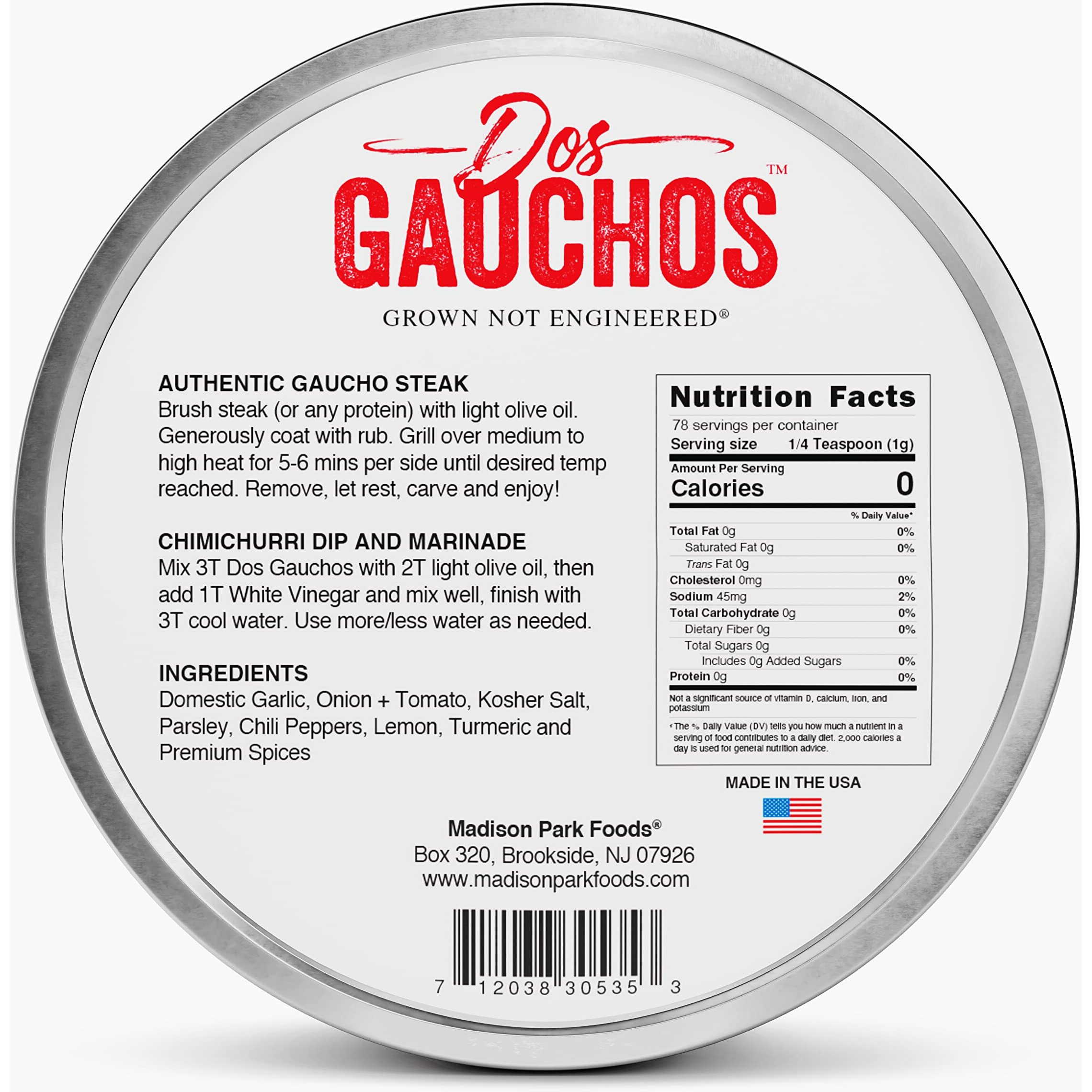 Dos Gauchos Argentinian Steak Rub-Authentic Chimichurri Dry Spice Blend-Grilling, Smoking, Roasting - All Natural, Gluten Free, Keto, Sugar Free, Low Sodium, No Msg - Madison Park Foods, 2.75 Oz Tin