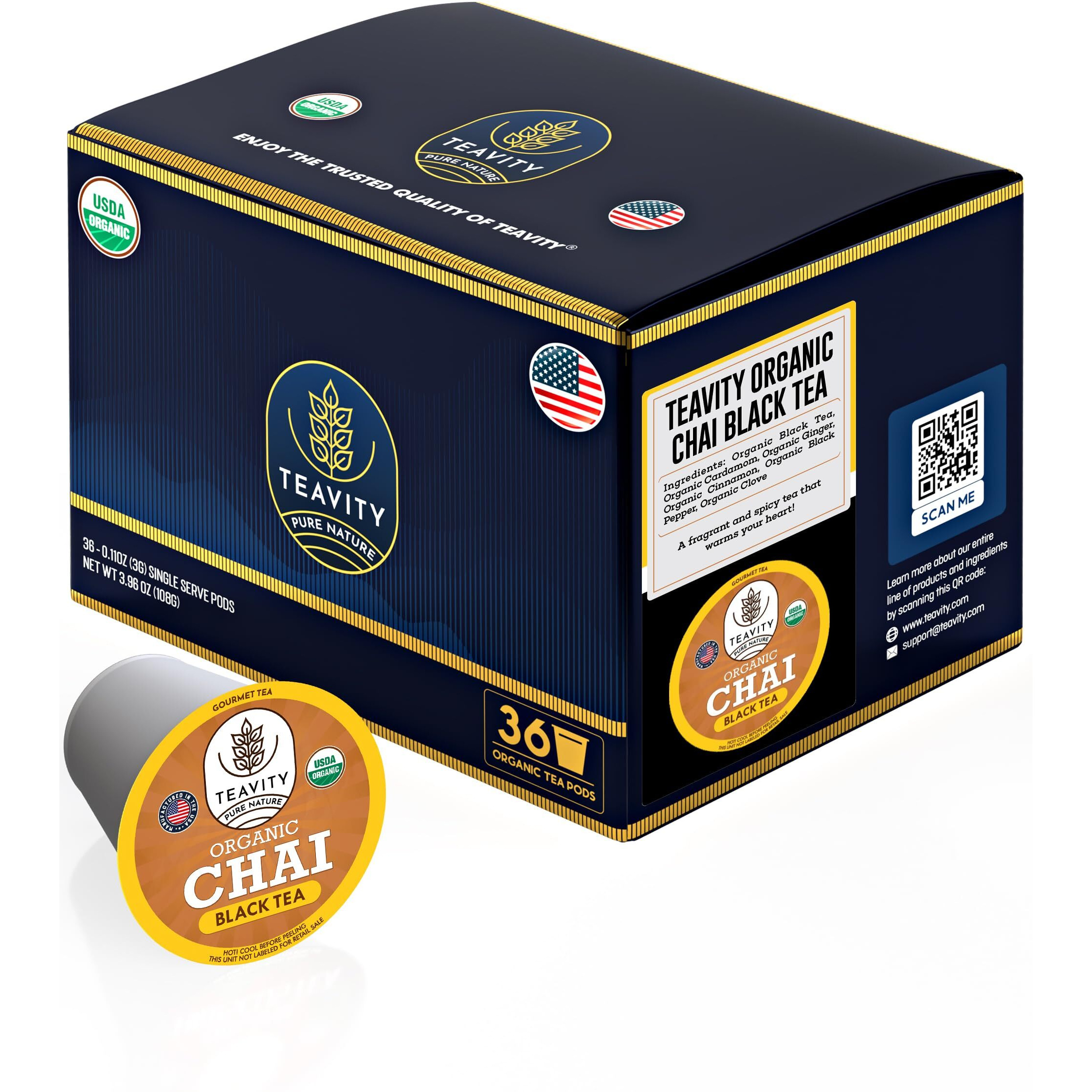 Organic Chai Black Tea Pods For Keurig Naturally Caffeinated By Teavity (36 Tea Pods)