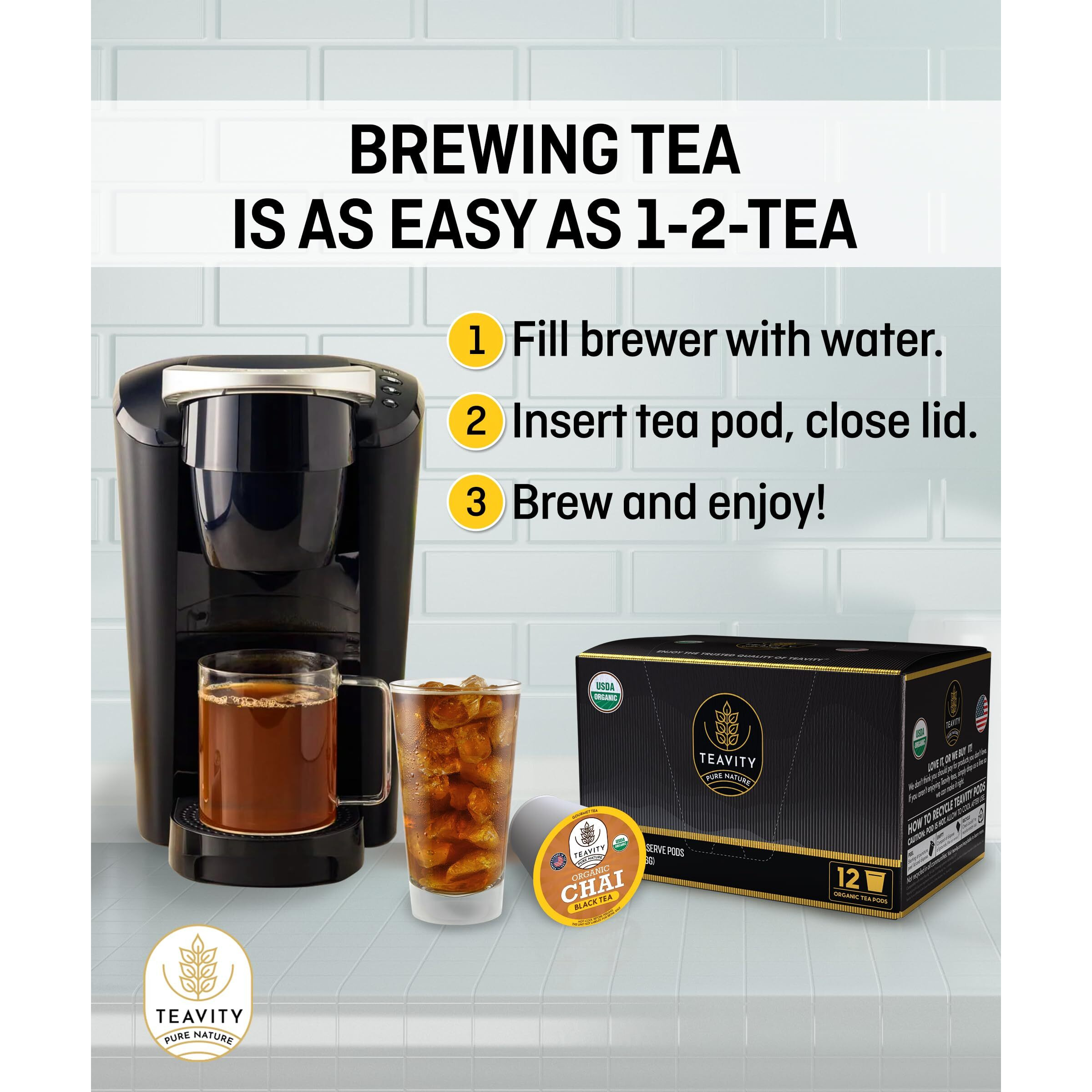 Organic Chai Black Tea Pods For Keurig Naturally Caffeinated By Teavity (36 Tea Pods)
