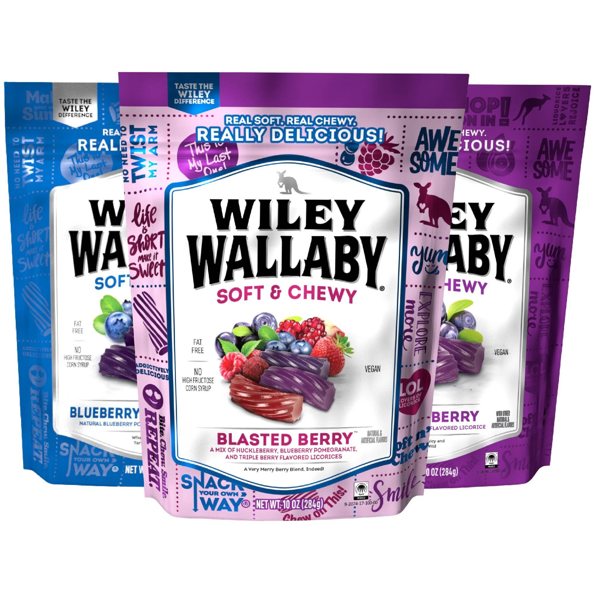 Wiley Wallaby Licorice 10 Ounce Variety Pack - Blueberry Pomegranate, Huckleberry, & Blasted Berry Gourmet Australian Style Soft & Chewy Licorice Candy, 3 Pack
