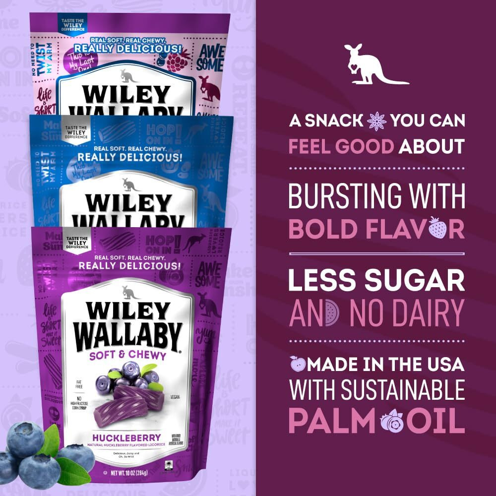 Wiley Wallaby Licorice 10 Ounce Variety Pack - Blueberry Pomegranate, Huckleberry, & Blasted Berry Gourmet Australian Style Soft & Chewy Licorice Candy, 3 Pack