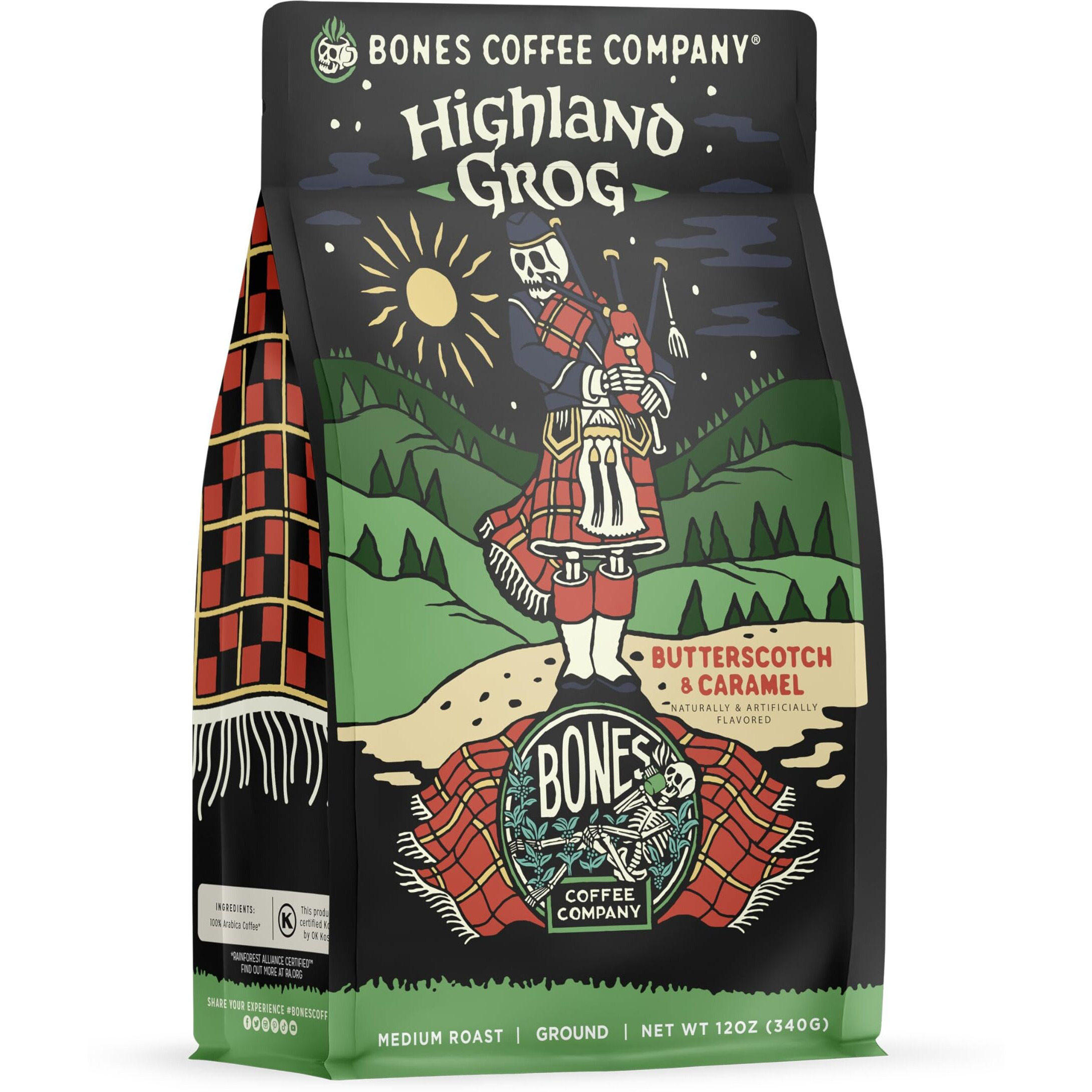 Bones Coffee Company Decaf Highland Grog Ground Coffee Beans, Butterscotch Caramel Flavor, Low Acid Flavored Coffee, Made With Arabica Coffee Beans, Medium Roast Gourmet Coffee (12 Oz)