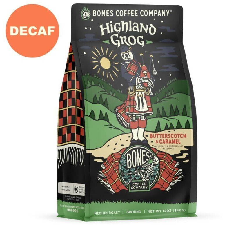 Bones Coffee Company Decaf Highland Grog Ground Coffee Beans, Butterscotch Caramel Flavor, Low Acid Flavored Coffee, Made With Arabica Coffee Beans, Medium Roast Gourmet Coffee (12 Oz)