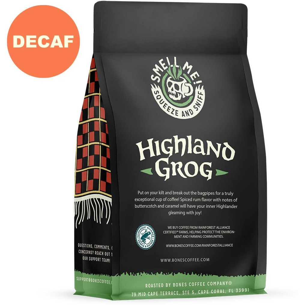 Bones Coffee Company Decaf Highland Grog Ground Coffee Beans, Butterscotch Caramel Flavor, Low Acid Flavored Coffee, Made With Arabica Coffee Beans, Medium Roast Gourmet Coffee (12 Oz)