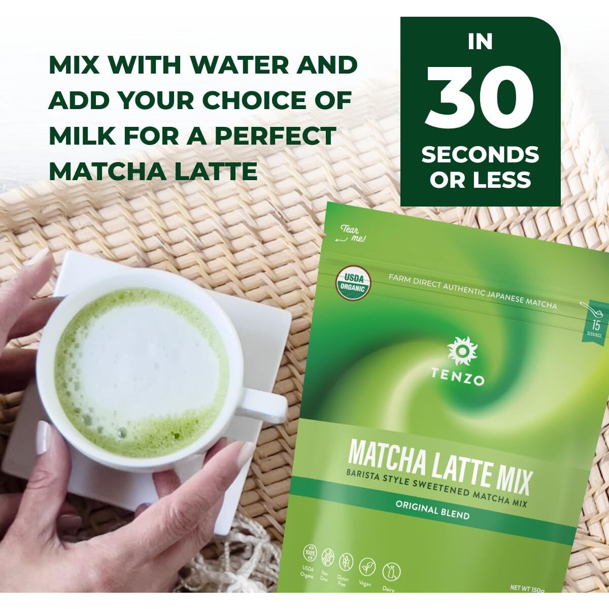Tenzo Matcha Green Tea Powder, Organic Cafe Sweetened Matcha Latte Green Tea Powder, Ceremonial Barista Crafted Mix - Authentically Japanese - Matcha Latte Mix (5.29 Ounce)