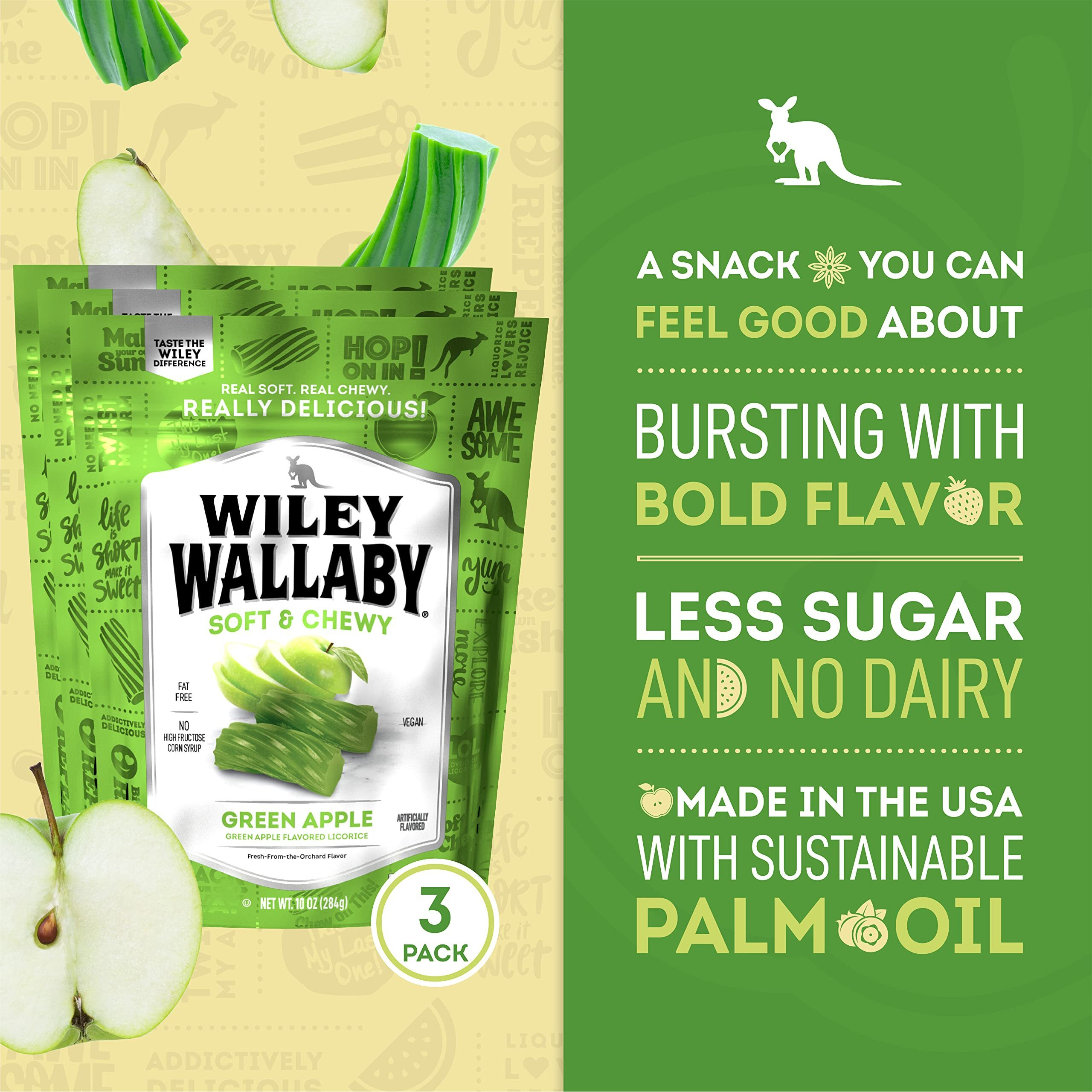 Wiley Wallaby Licorice 10 Ounce Classic Gourmet Soft & Chewy Australian Green Apple Licorice Candy Twists, 3 Pack