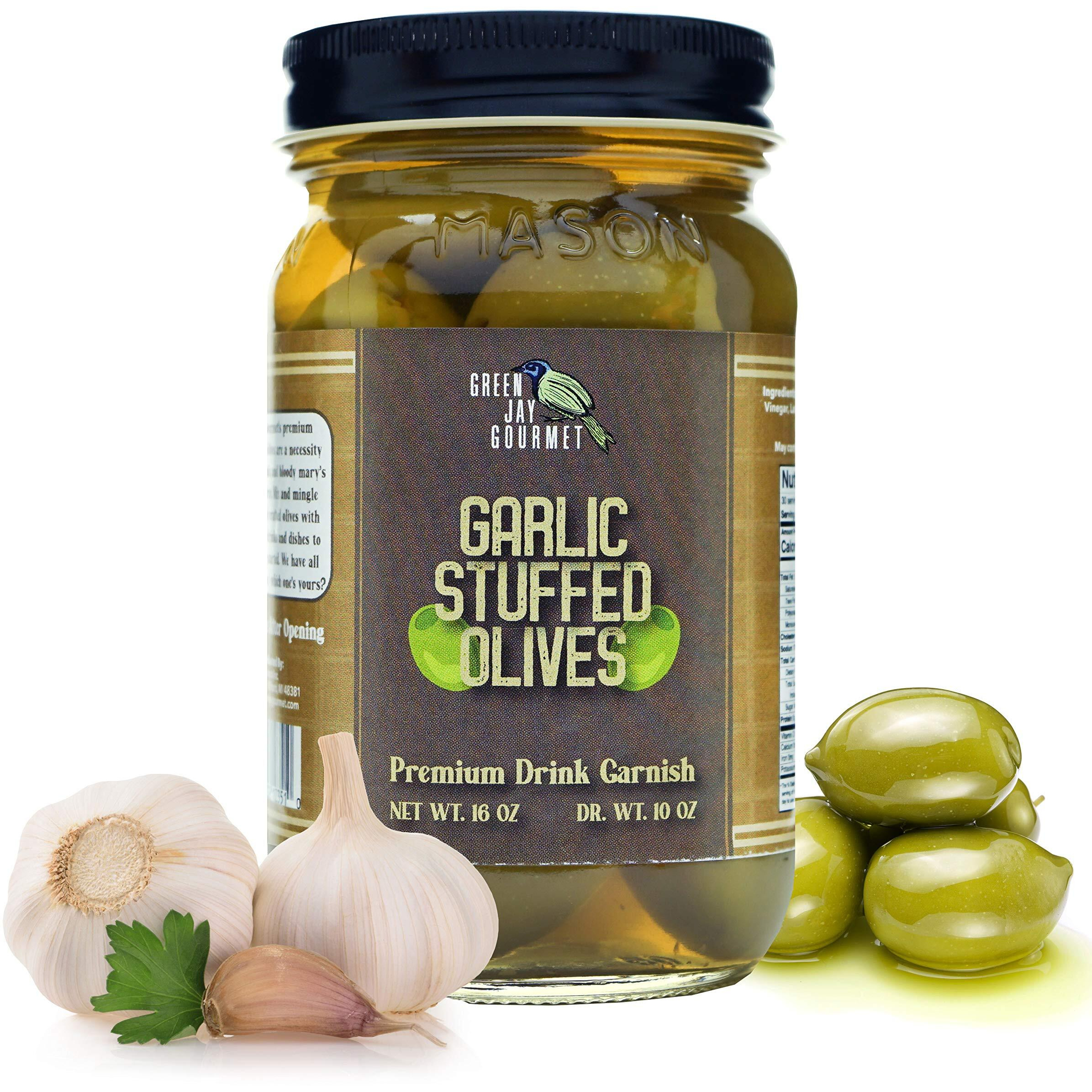 Green Jay Gourmet Garlic Stuffed Olives - Stuffed Green Olives For Cocktail Garnish & Cheese Board Recipes - Dirty Martini Olives & Cocktail Olives - Gourmet Olives - All Natural - Large - 16 Ounces