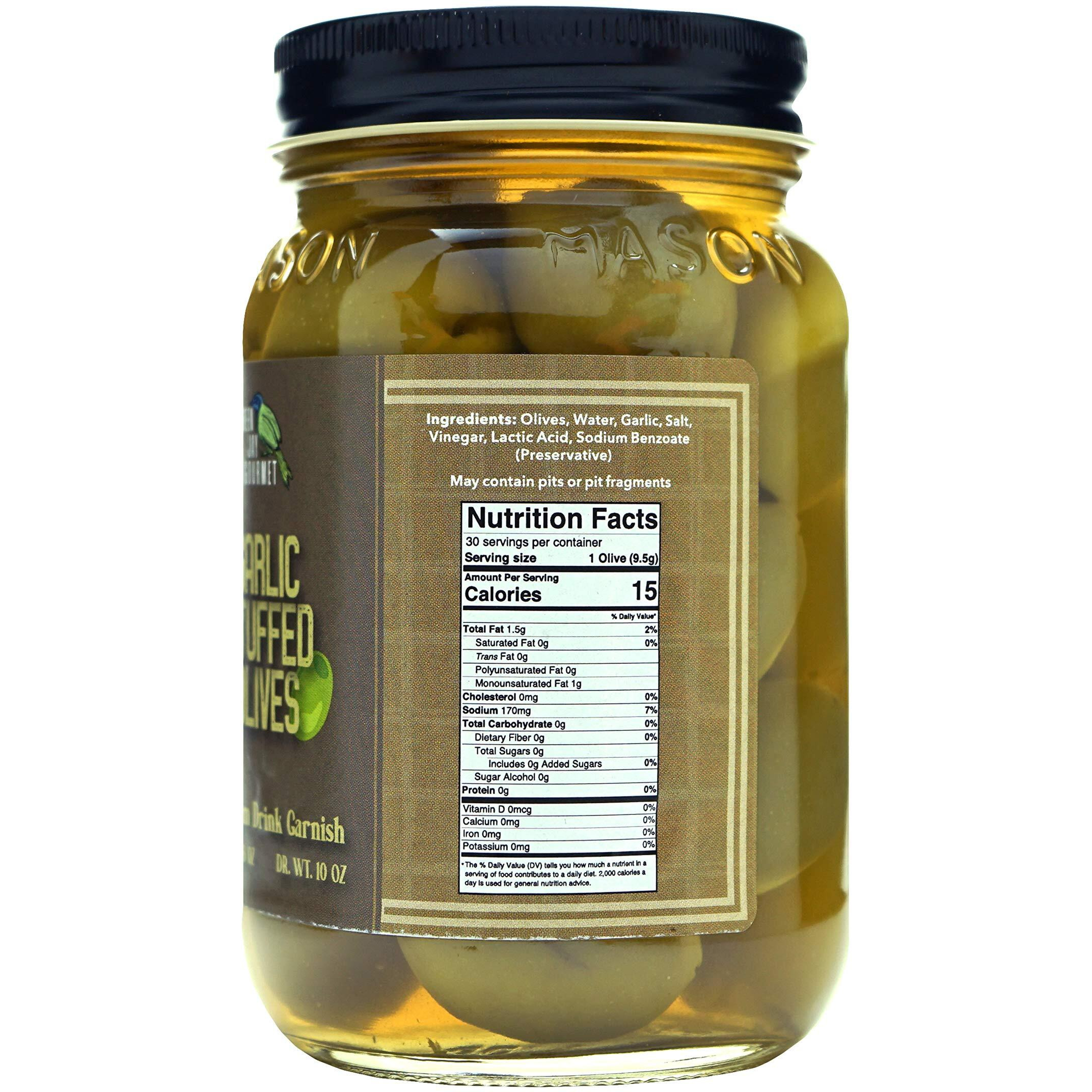 Green Jay Gourmet Garlic Stuffed Olives - Stuffed Green Olives For Cocktail Garnish & Cheese Board Recipes - Dirty Martini Olives & Cocktail Olives - Gourmet Olives - All Natural - Large - 16 Ounces