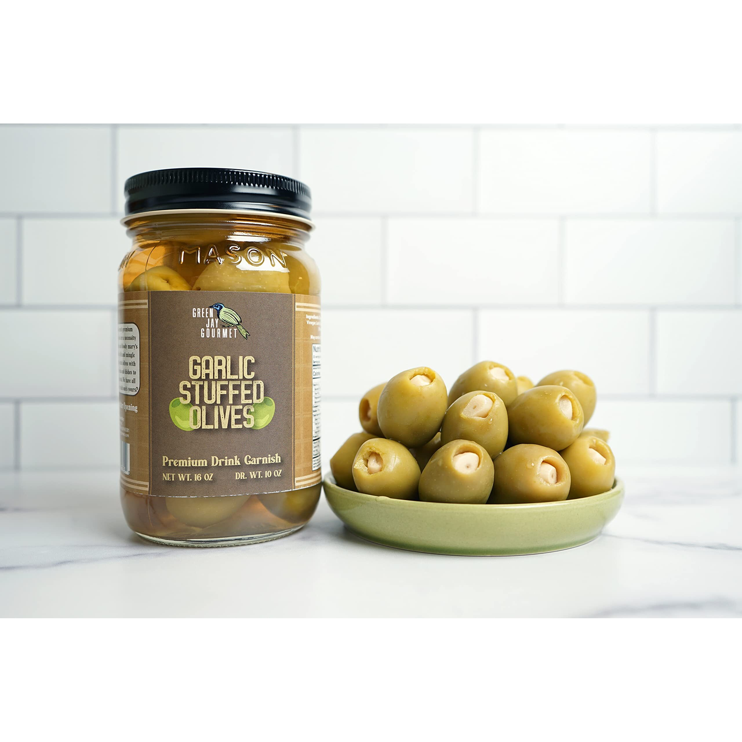Green Jay Gourmet Garlic Stuffed Olives - Stuffed Green Olives For Cocktail Garnish & Cheese Board Recipes - Dirty Martini Olives & Cocktail Olives - Gourmet Olives - All Natural - Large - 16 Ounces