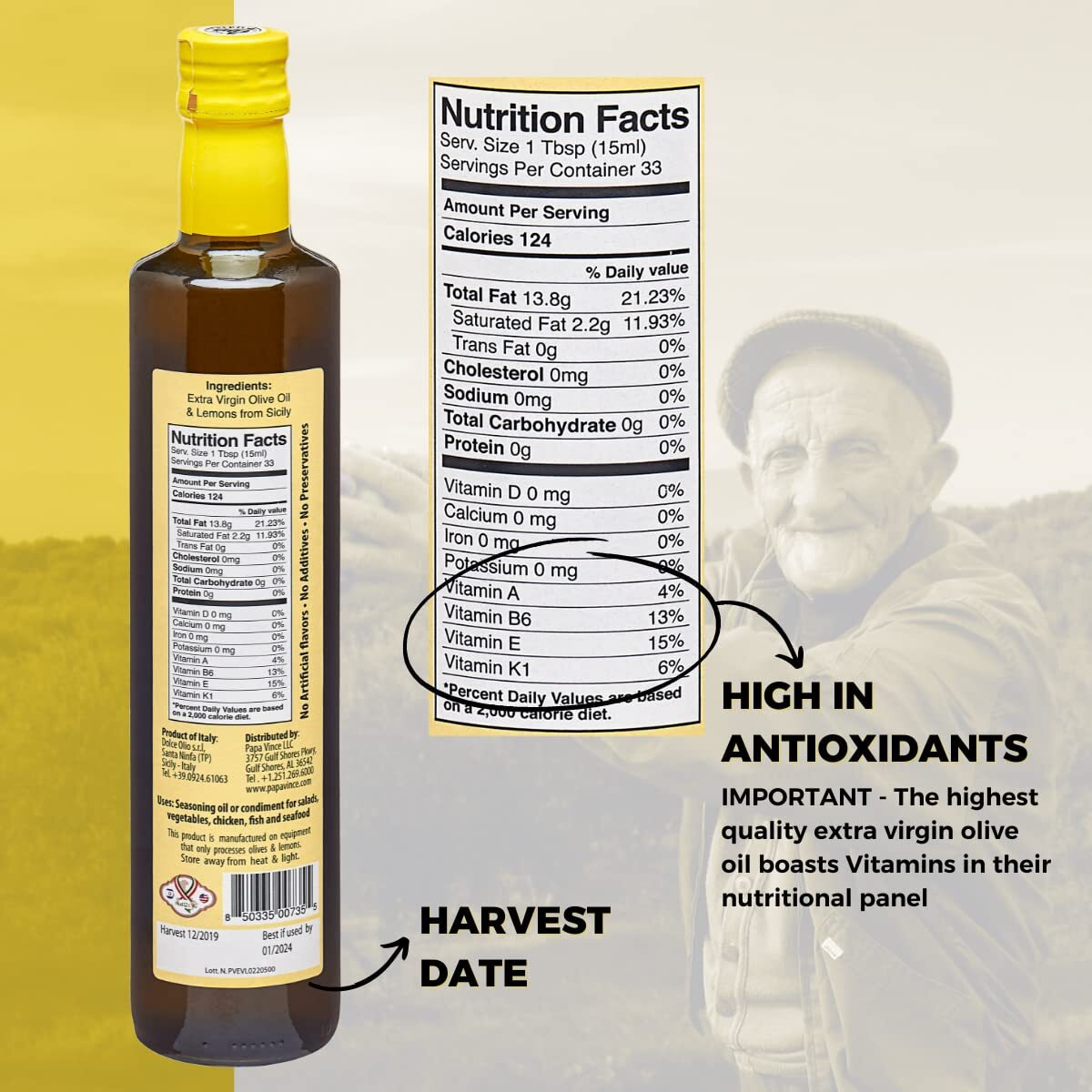 Papa Vince Olive Oil Extra Virgin - First Cold Pressed, Polyphenol Rich Olive Oil (Evoo). Lemon Agrumato, Unfiltered, Single Sourced, Glass Bottle, Family Made, Sicily, Italy