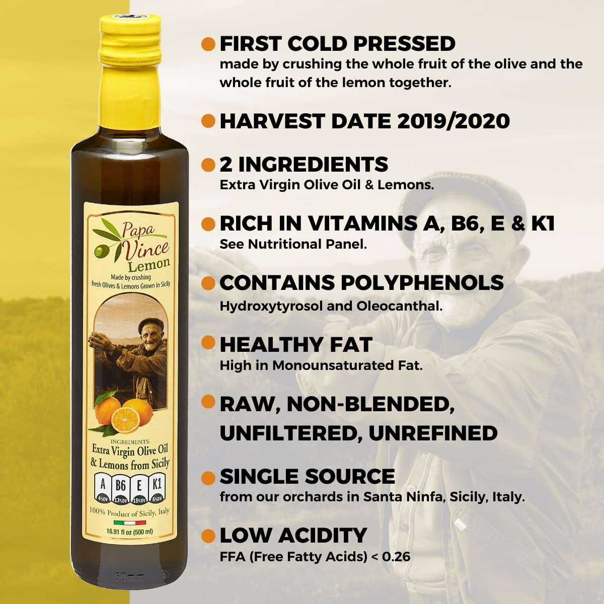 Papa Vince Olive Oil Extra Virgin - First Cold Pressed, Polyphenol Rich Olive Oil (Evoo). Lemon Agrumato, Unfiltered, Single Sourced, Glass Bottle, Family Made, Sicily, Italy