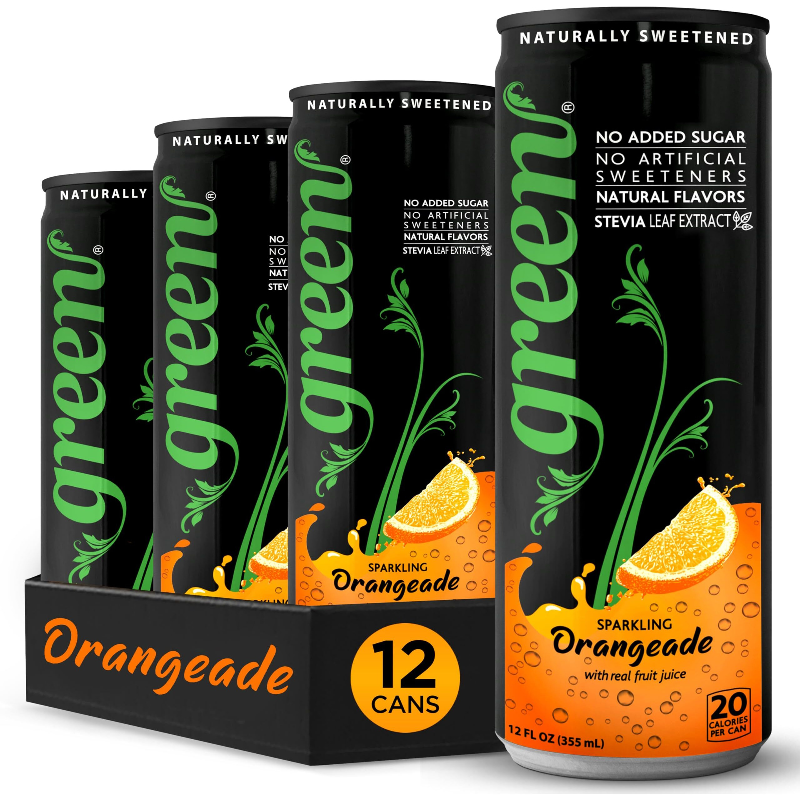 Green Orangeade - No Added Sugar, 10% Real Orange Juice, 20 Calories Per Can, Naturally Sweetened With 100% Stevia Leaf Extract, Carbonated Soda, 12 Fl Oz Each Can - Pack Of 12