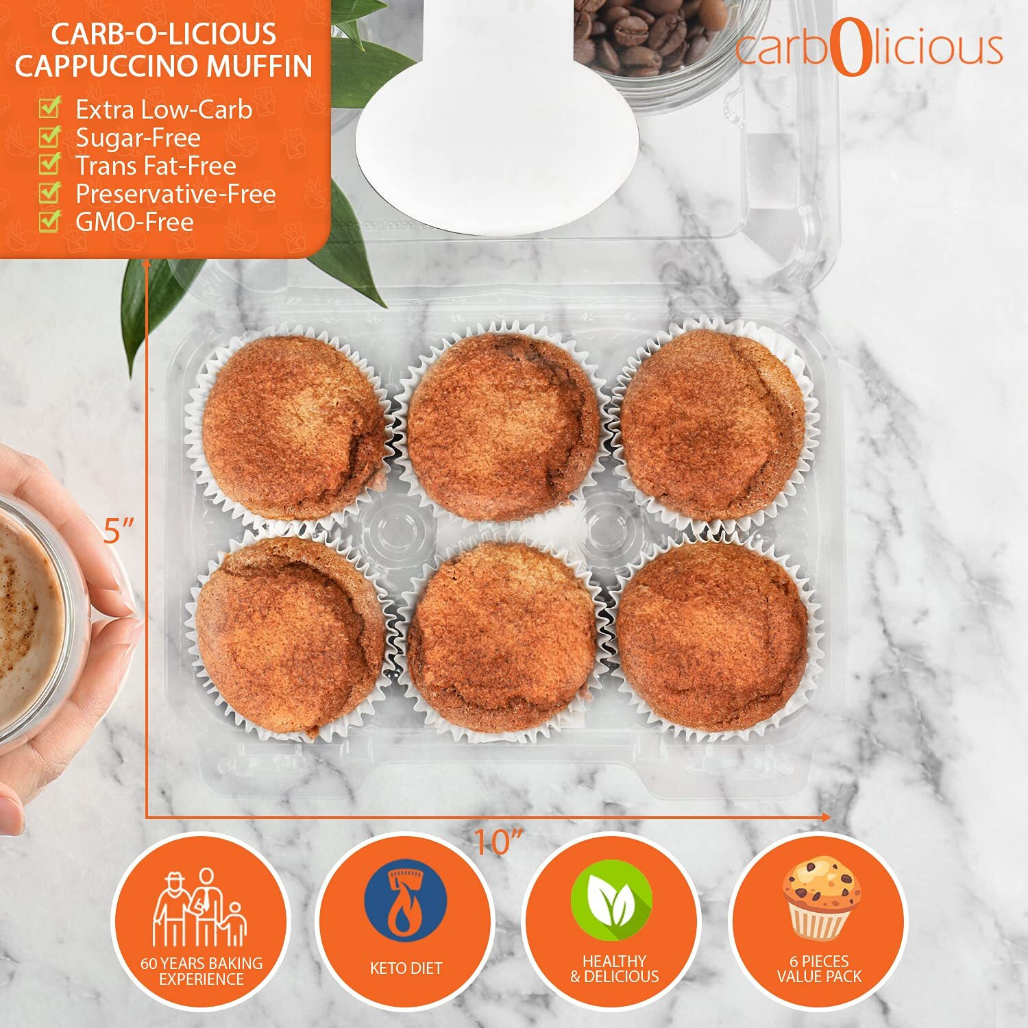 Low Carb Cappuccino Muffins [6-Pack] By Carb-O-Licious- Delicious Keto Muffins With Only 2 Net Carbs Each- Sugar Free Healthy Snack With Almond Flour- Best Tasting Low-Carb Diet Treat