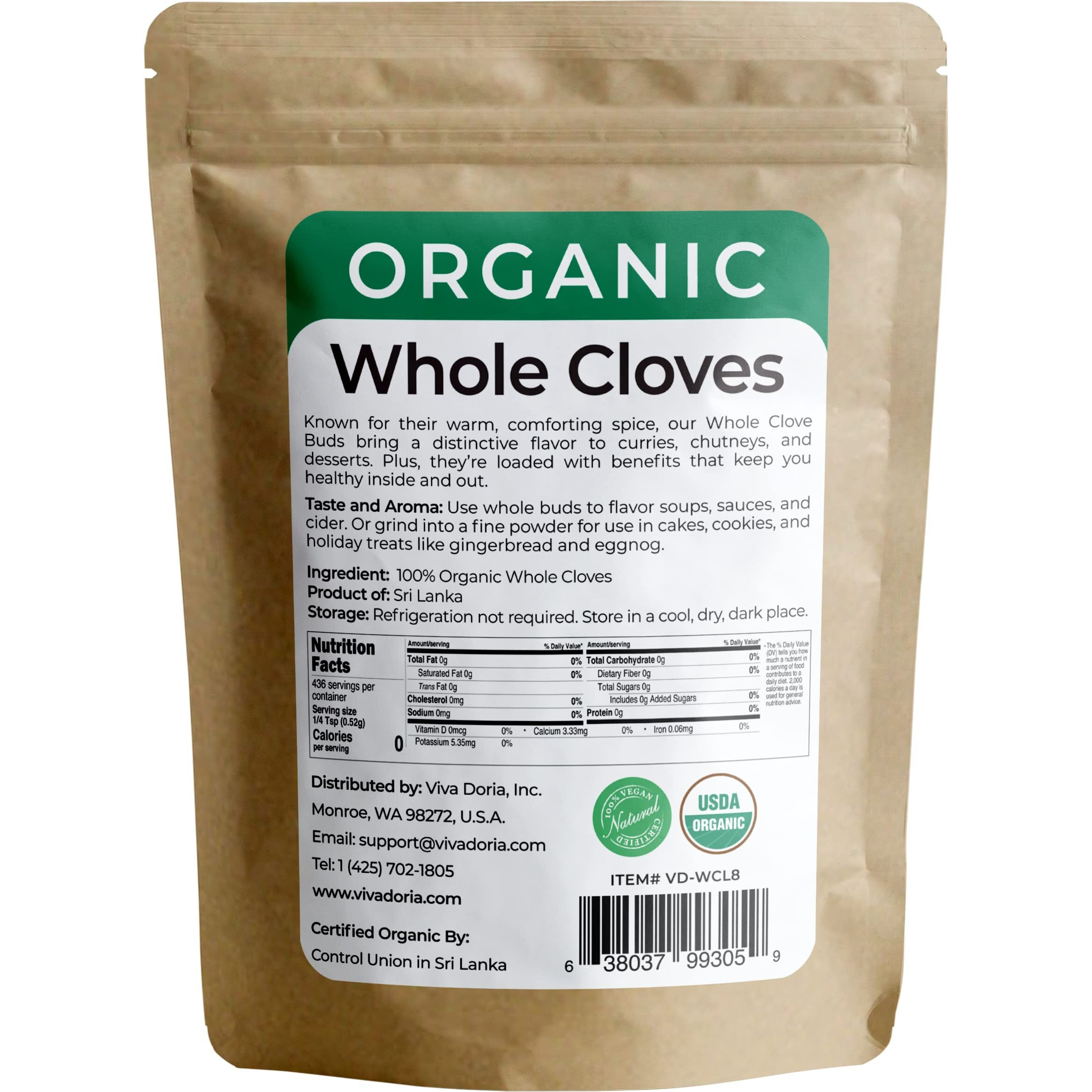 Viva Doria Organic Ceylon Whole Cloves, Hand Picked Sri Lankan Clove Buds, 8 Oz (227 G) | Raw From Sri Lanka