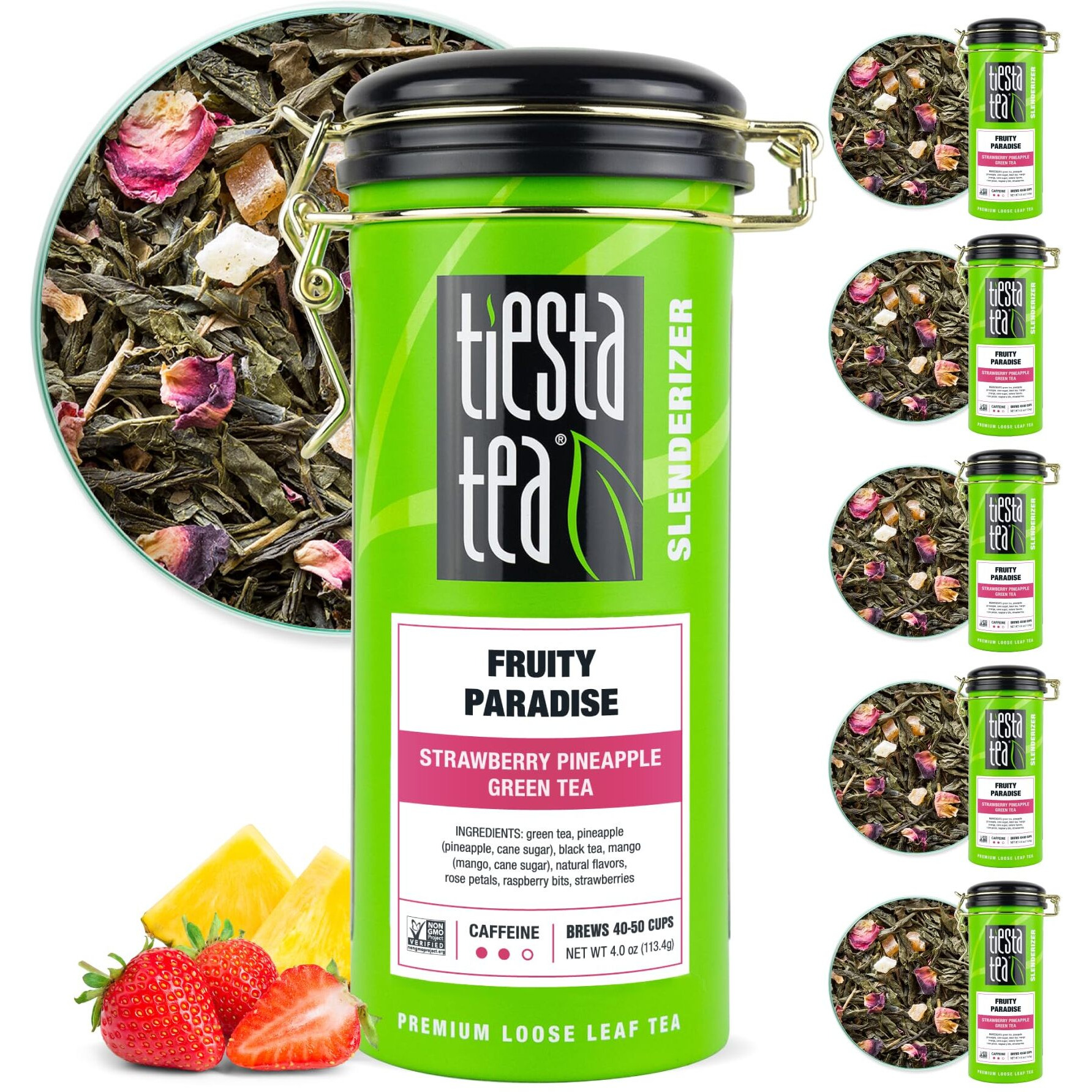 Tiesta Tea - Fruity Paradise | Strawberry Pineapple Green Tea | Premium Loose Leaf Tea Blend | Medium Caffeinated Green Tea | Make Hot Or Iced Tea, Brews Up To 50 Cups - 24Oz Refillable Tin, Pack Of 6