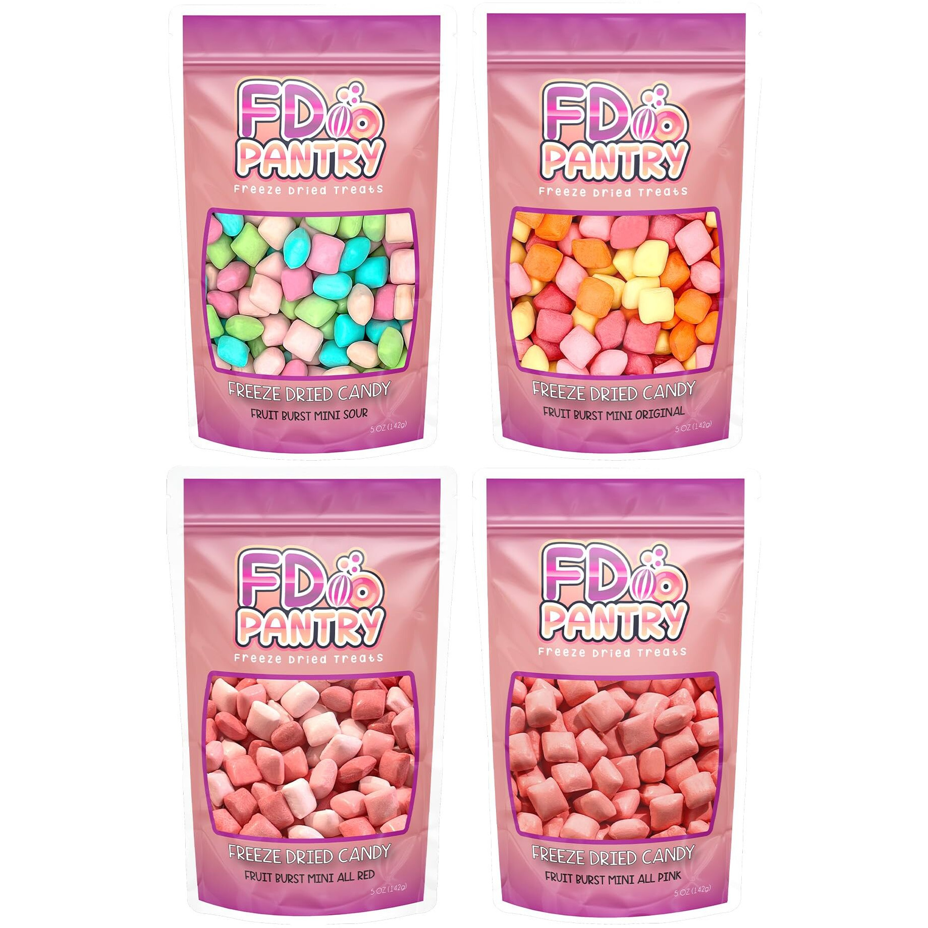 Freeze Dried Candy Variety Pack - Fruit Burst 4 Pack, Original, All Pinks, All Reds, Sour 5 Oz (4 Count) - Assortment Combo Bundle Pouch - Gift Bag 1.25 Lb