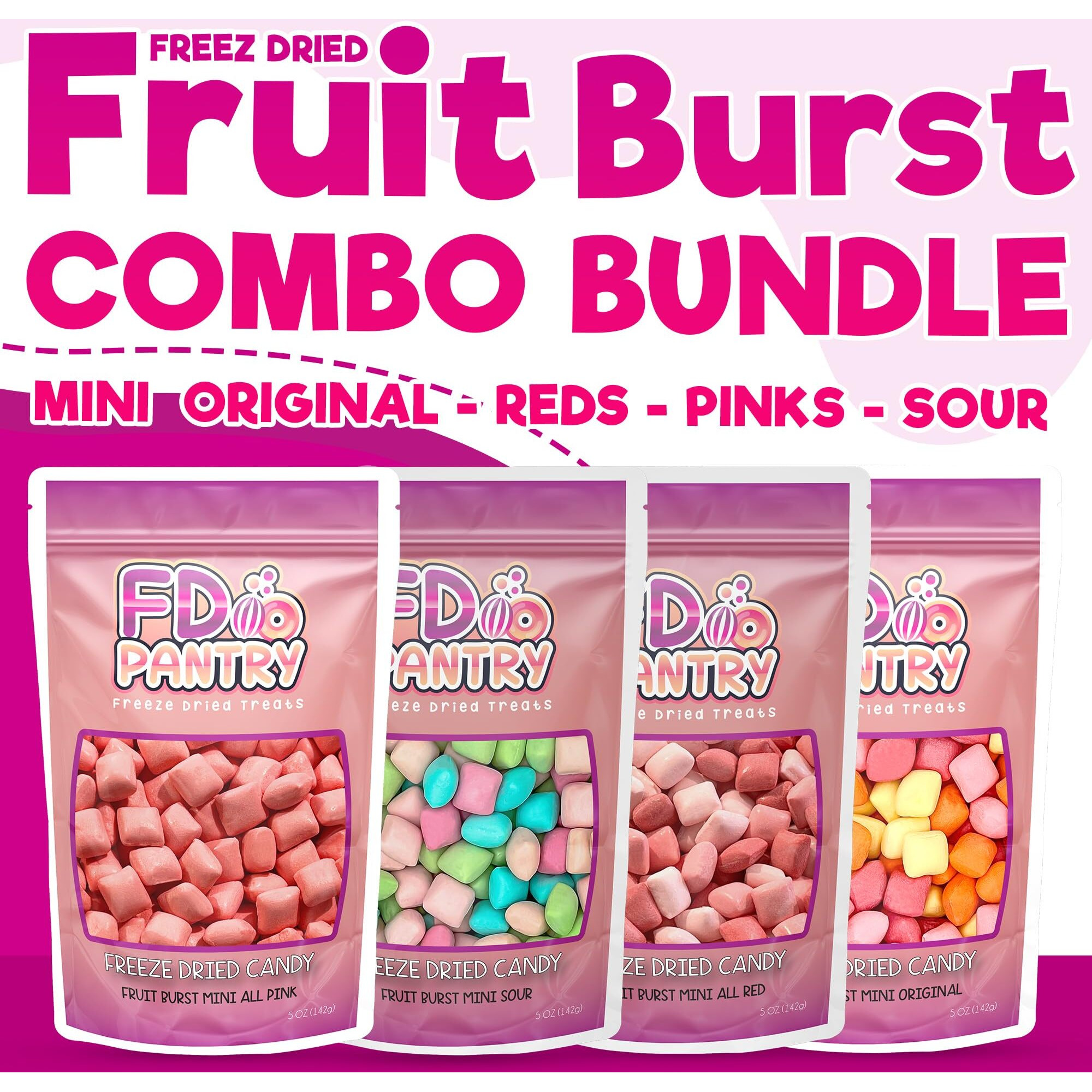 Freeze Dried Candy Variety Pack - Fruit Burst 4 Pack, Original, All Pinks, All Reds, Sour 5 Oz (4 Count) - Assortment Combo Bundle Pouch - Gift Bag 1.25 Lb