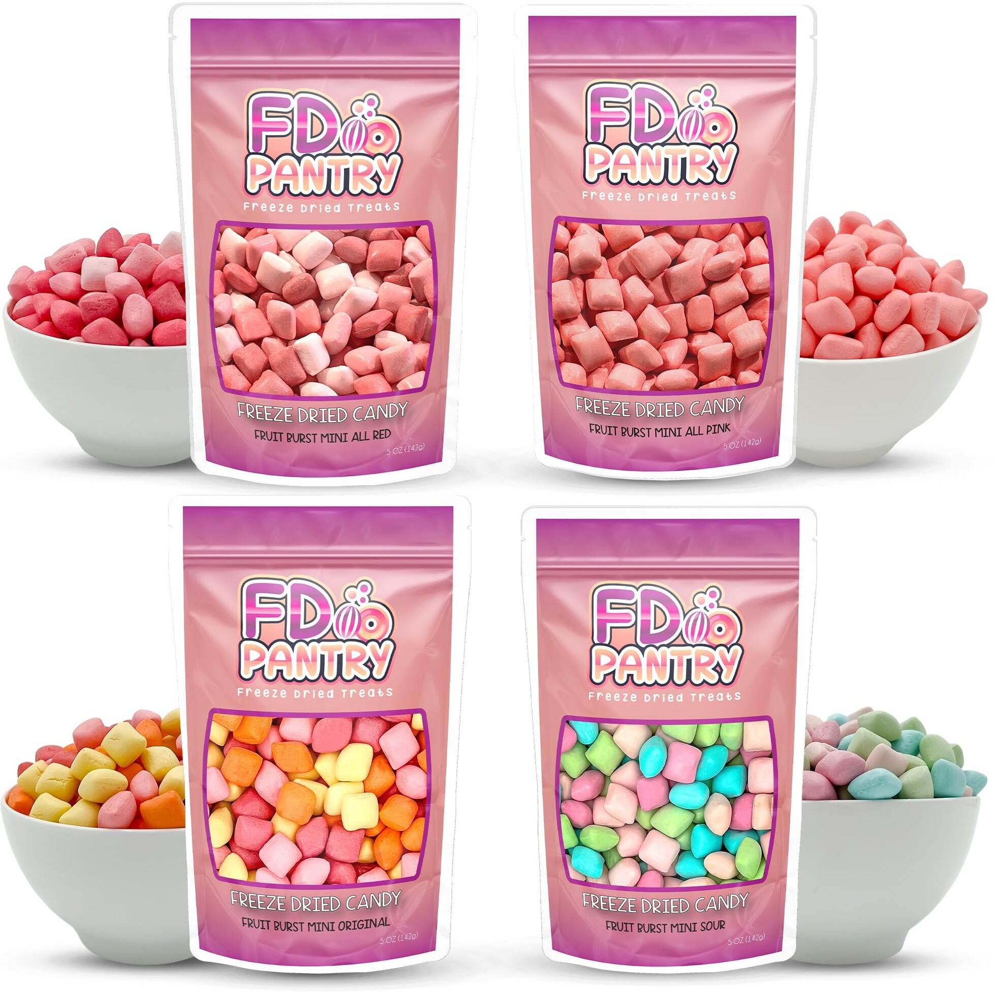 Freeze Dried Candy Variety Pack - Fruit Burst 4 Pack, Original, All Pinks, All Reds, Sour 5 Oz (4 Count) - Assortment Combo Bundle Pouch - Gift Bag 1.25 Lb