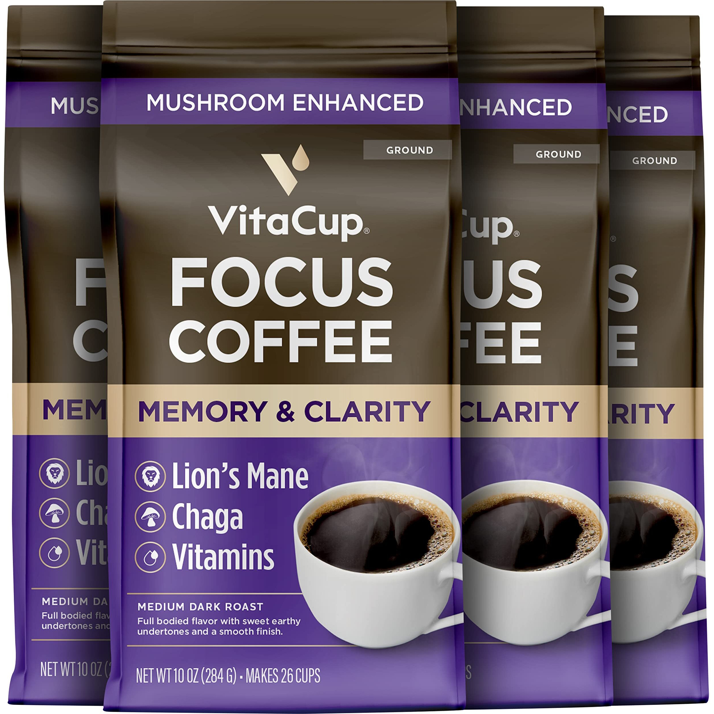 Vitacup Focus Mushroom Coffee Grounds, With Lions Mane, Chaga, B Vitamins, D3, Boost Focus, Immunity, Memory & Clarity, Medium Dark Roast, Bold & Smooth 100% Arabica Specialty, 4 Bags, 10Oz Each