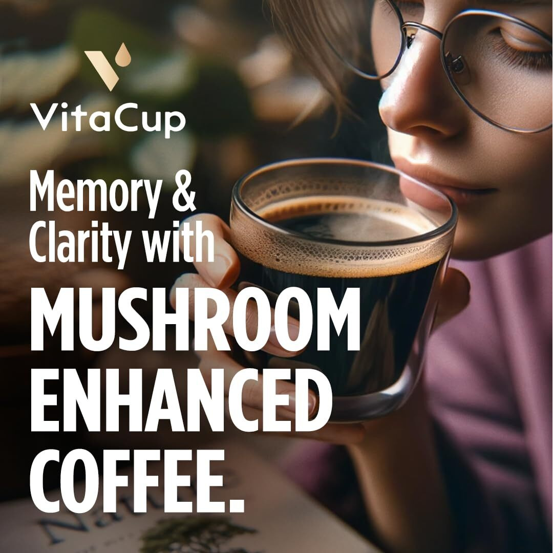 Vitacup Focus Mushroom Coffee Grounds, With Lions Mane, Chaga, B Vitamins, D3, Boost Focus, Immunity, Memory & Clarity, Medium Dark Roast, Bold & Smooth 100% Arabica Specialty, 4 Bags, 10Oz Each