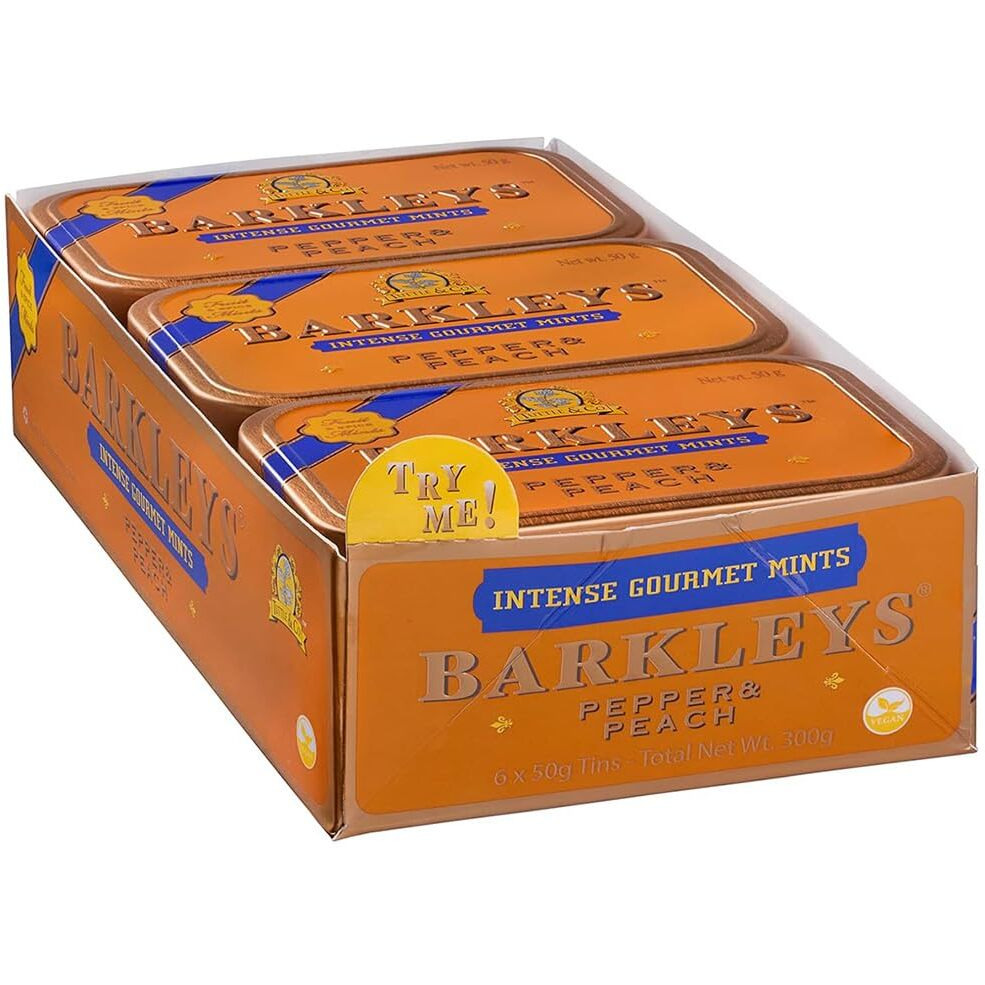 Barkleys Gourmet Pepper & Peach Mints, Breath Mints - Strong Pepper & Peach Flavor For Party, After Dinner, Wedding, Every Day Use-Vegan Mints In Reusable Classic Travel Tins-50-Count,6-Pack