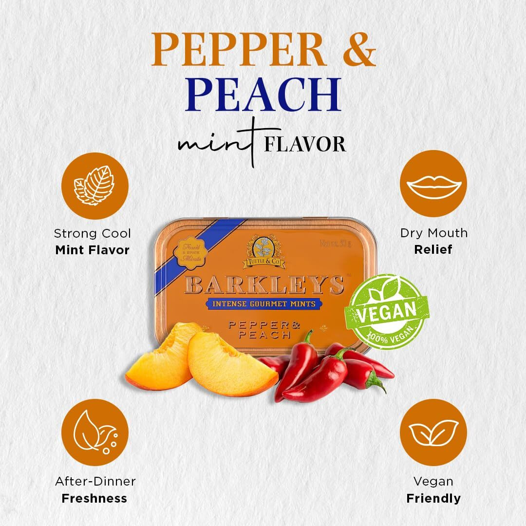 Barkleys Gourmet Pepper & Peach Mints, Breath Mints - Strong Pepper & Peach Flavor For Party, After Dinner, Wedding, Every Day Use-Vegan Mints In Reusable Classic Travel Tins-50-Count,6-Pack