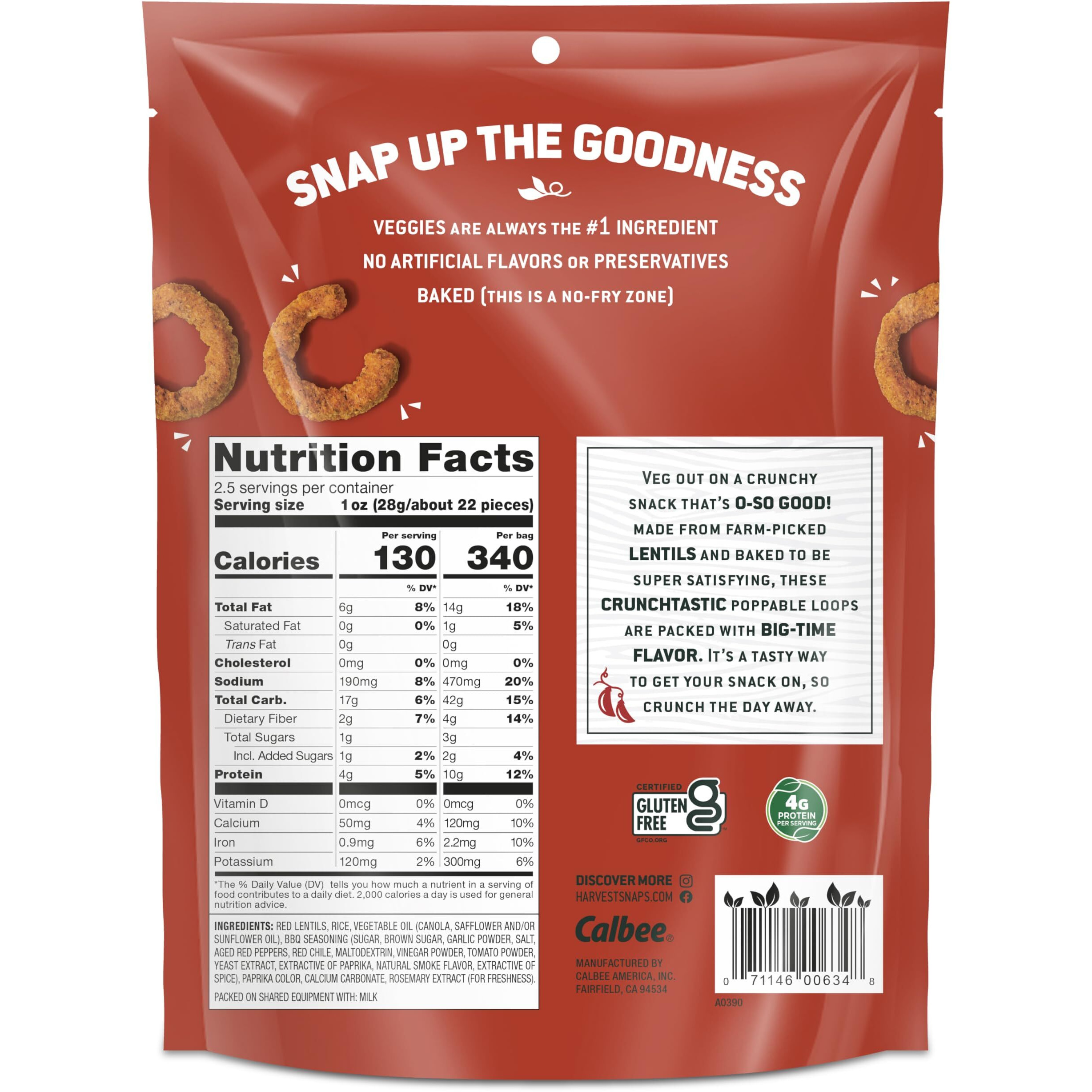 Harvest Snaps Veggie Chips (Kick'N Bbq Crunchy Loops) | Powered By Plant Protein, Gluten Free, Non-Gmo Baked Vegetable Crisps | Made In Usa (8 Snack Packs)