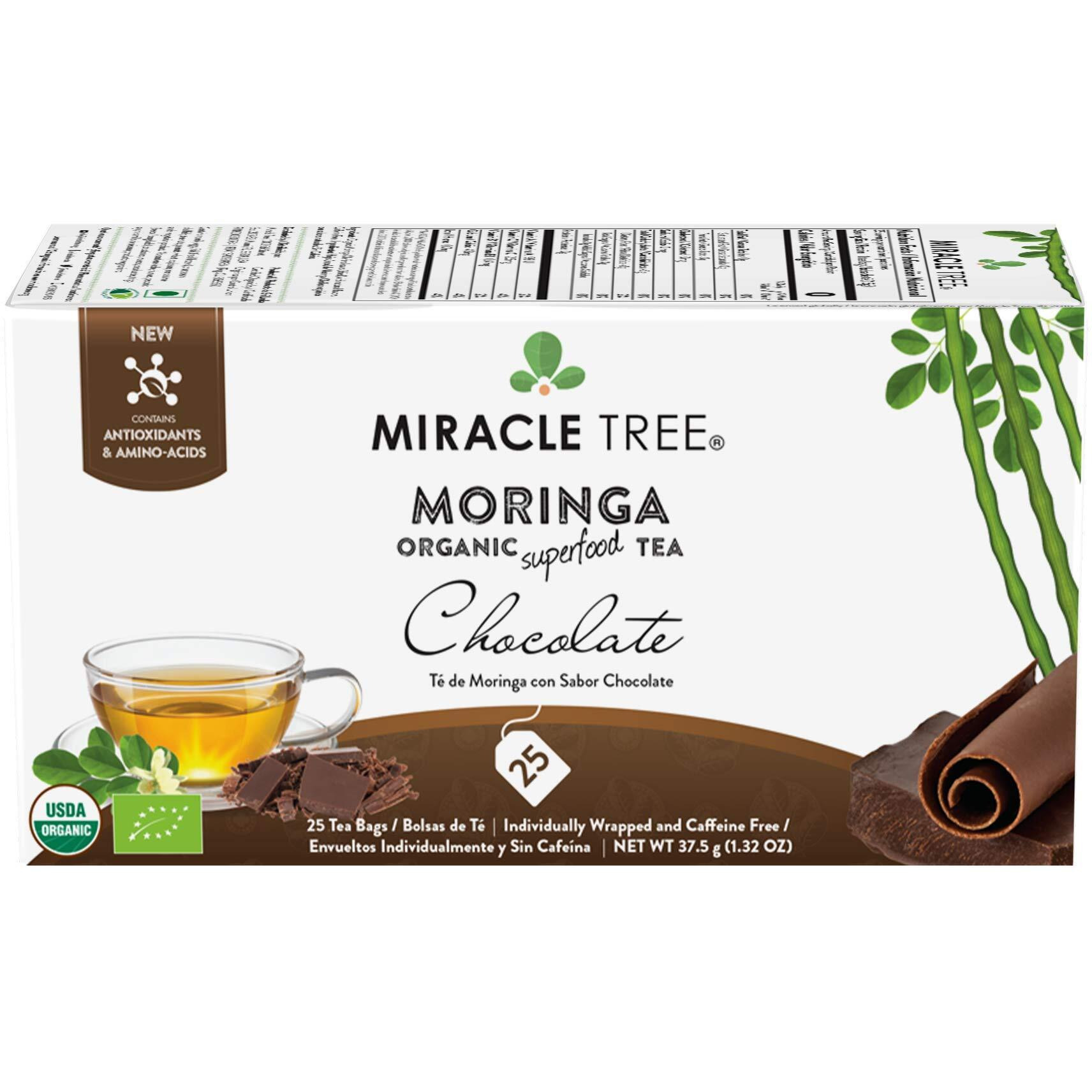 Miracle Tree - Organic Moringa Superfood Tea, 25 Individually Sealed Tea Bags, Chocolate (Keto, Detox, Energy & Immunity Booster, Vegan, Gluten-Free, Organic, Non-Gmo, Caffeine-Free)