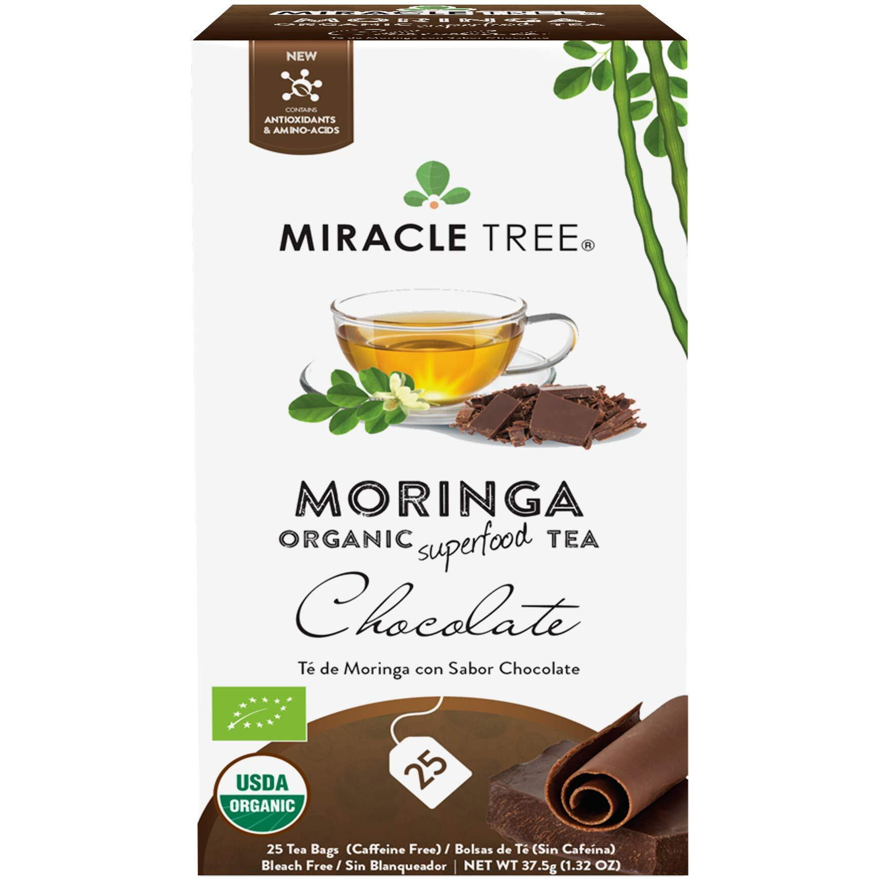 Miracle Tree - Organic Moringa Superfood Tea, 25 Individually Sealed Tea Bags, Chocolate (Keto, Detox, Energy & Immunity Booster, Vegan, Gluten-Free, Organic, Non-Gmo, Caffeine-Free)