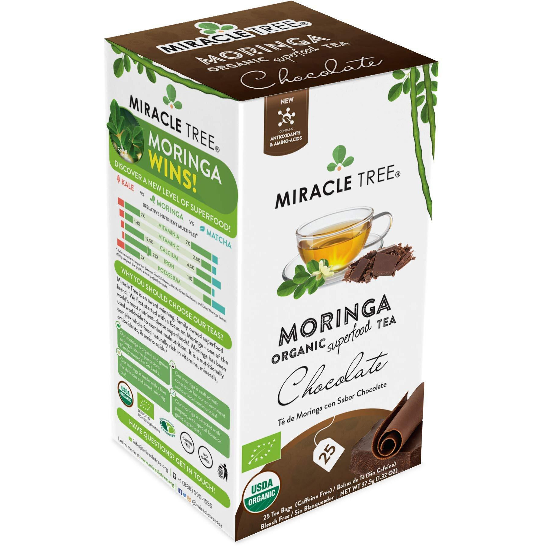 Miracle Tree - Organic Moringa Superfood Tea, 25 Individually Sealed Tea Bags, Chocolate (Keto, Detox, Energy & Immunity Booster, Vegan, Gluten-Free, Organic, Non-Gmo, Caffeine-Free)