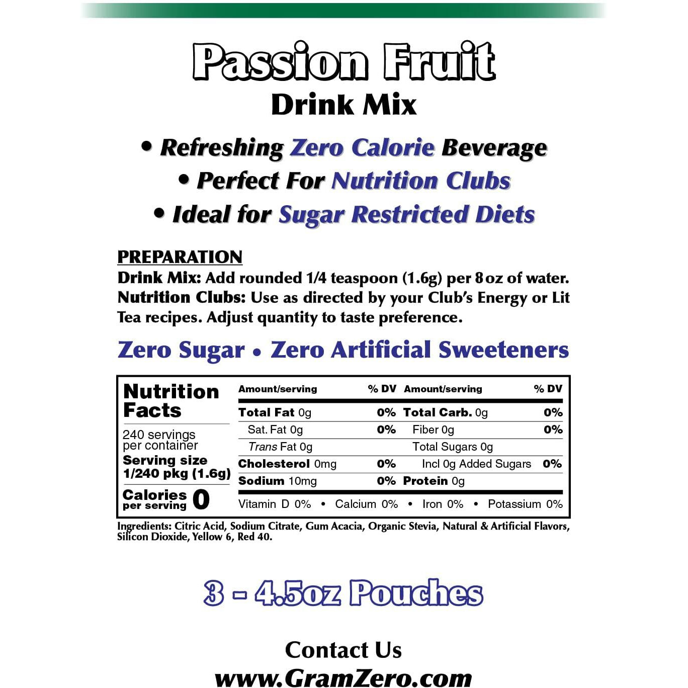 Gramzero Passion Fruit Zero Calorie Sugar Free Drink Mix, Great For Nutrition Club Loaded Tea, Stevia Sweetened