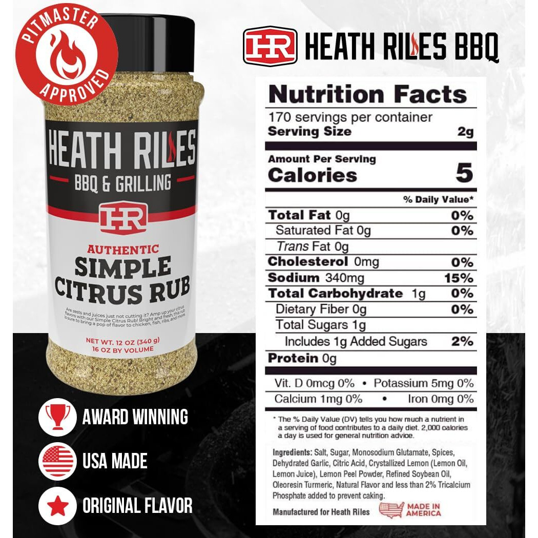 Heath Riles Bbq Rub - Simple Citrus Bbq Seasoning Rub, Champion Pitmaster Recipe, Legendary Bbq Rubs For Smoking & Grilling, 70+ Bbq Championships, 12 Oz.