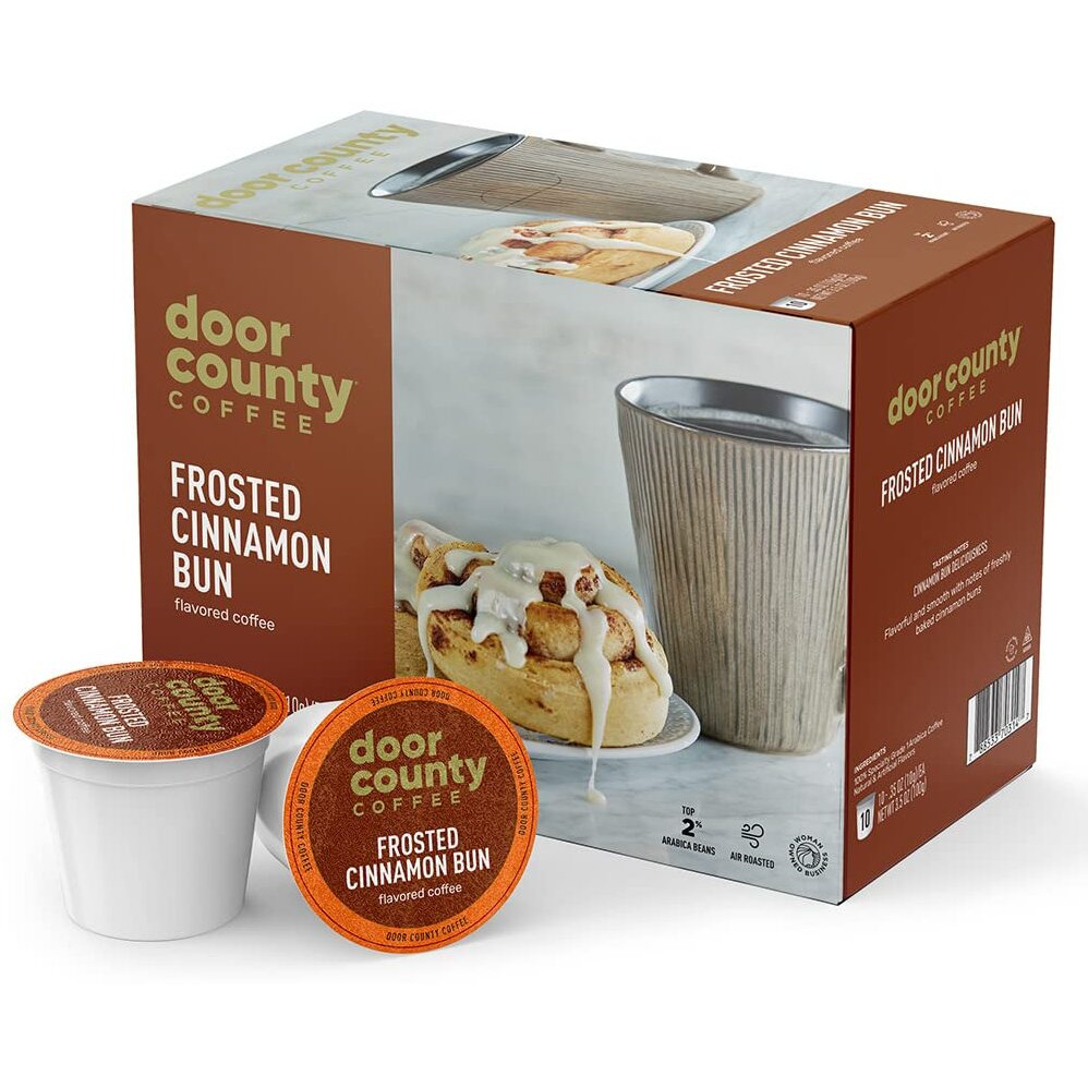 Door County Coffee Frosted Cinnamon Buns Flavored Coffee Ground | 10 Count Single Serve Cups | Medium Roast | 100% Specialty Arabica Coffee | Flavored Gourmet Coffee | Sweet Cinnamon Flavored Coffee