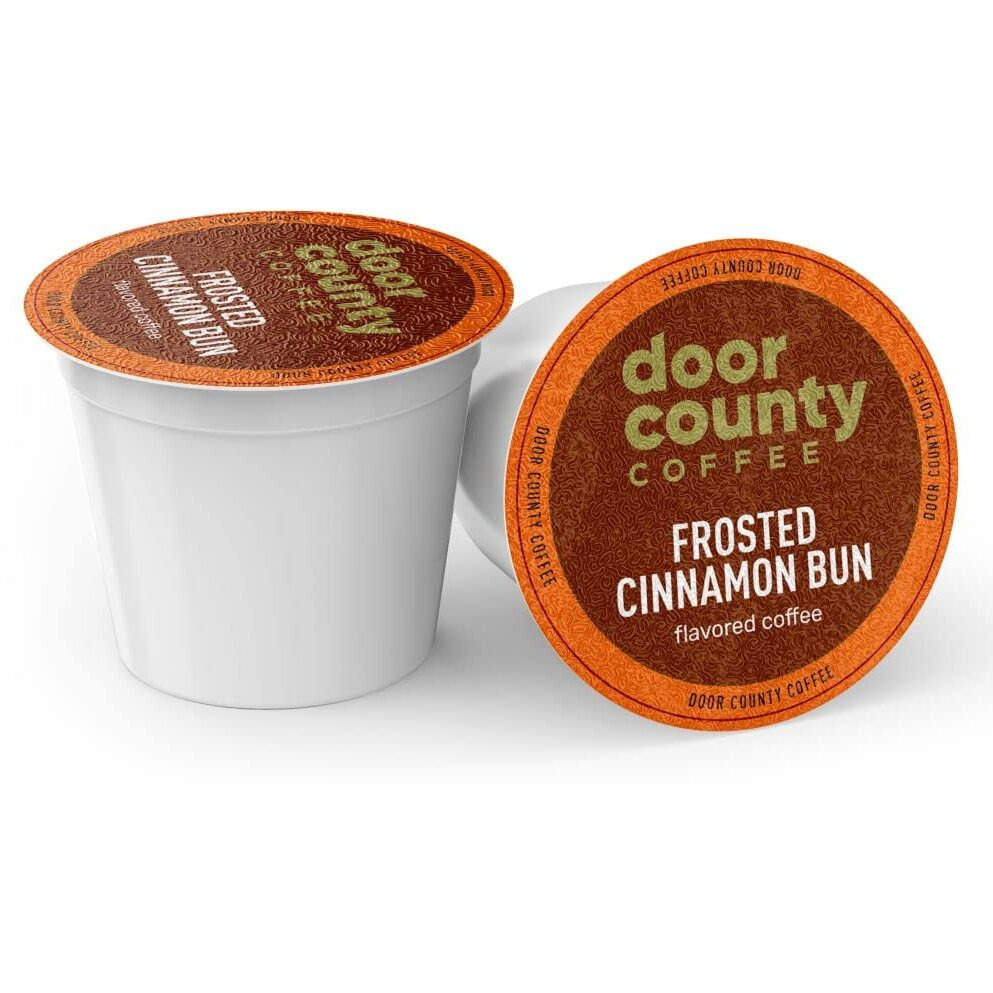 Door County Coffee Frosted Cinnamon Buns Flavored Coffee Ground | 10 Count Single Serve Cups | Medium Roast | 100% Specialty Arabica Coffee | Flavored Gourmet Coffee | Sweet Cinnamon Flavored Coffee