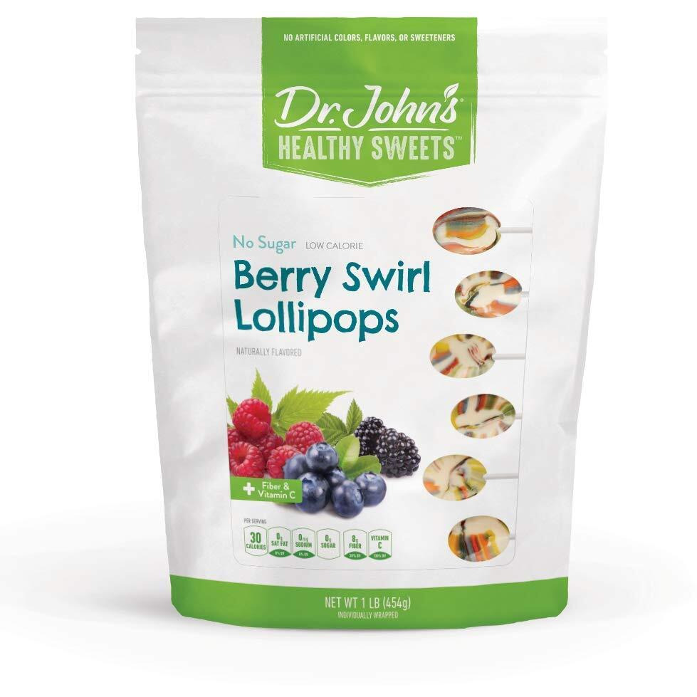 Dr. Johns Sugar Free Candy, Healthy Lollipops With Zero Sugar, Low Calorie Snacks, Keto Friendly Hard Candy Sweets, Berry Swirl Oval, 60 Count, 1 Lb