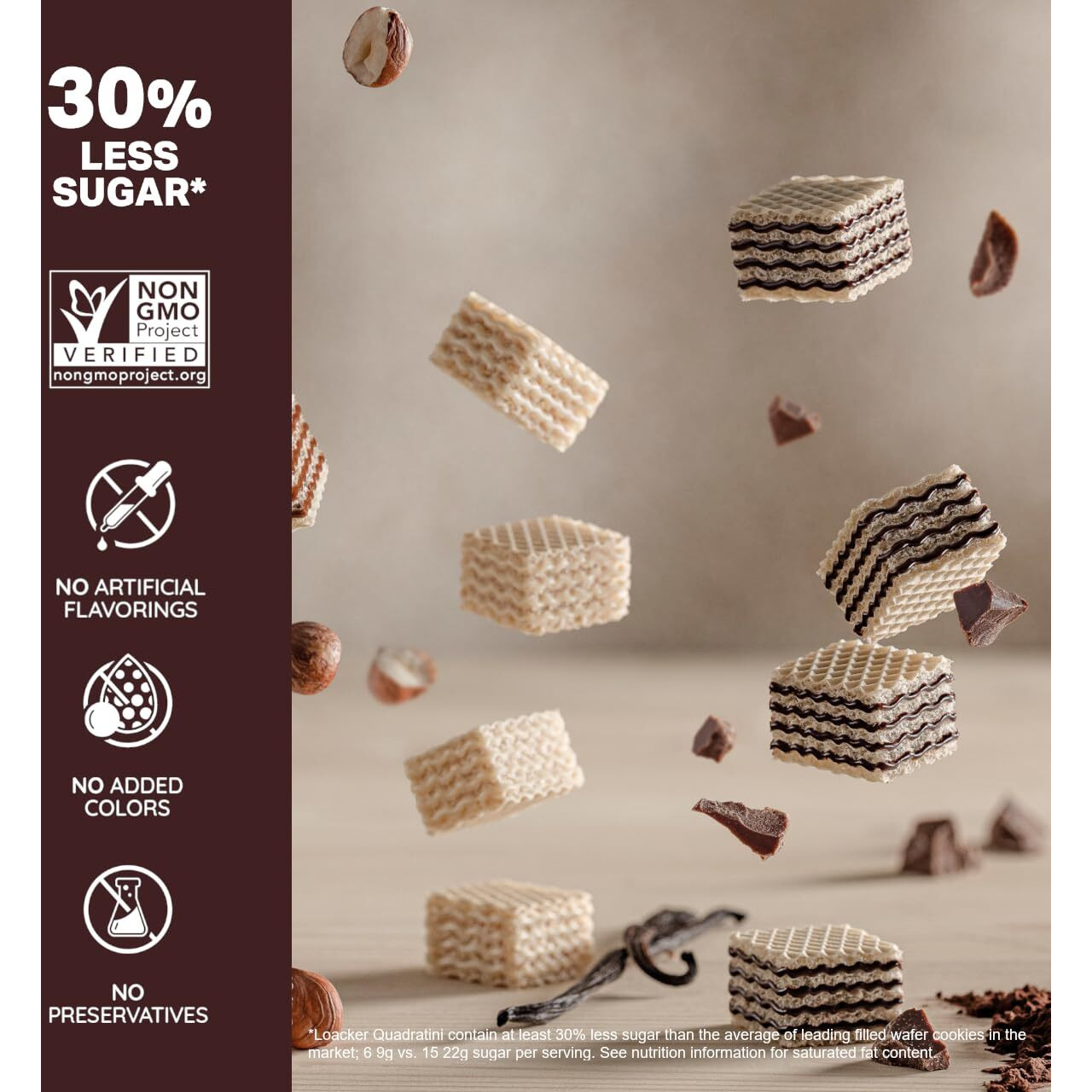 Loacker Quadratini Cocoa & Milk Wafer Cookies Large - Premium Crispy Bite Size Cocoa Wafers - 30% Less Sugar - Non-Gmo - Large Pack Of 6