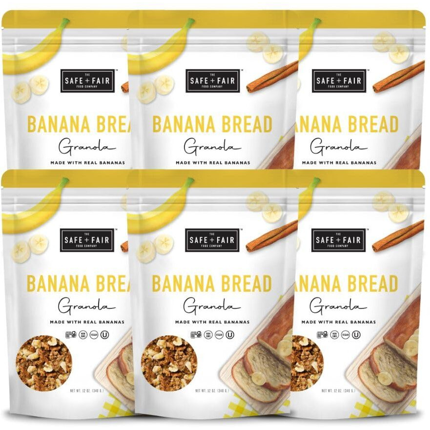 Safe + Fair Banana Bread Granola - Gluten-Free, Dairy Free And Vegan Breakfast, Snack Or Dessert - Free From Top 9 Allergens, Trans Fat And Artificial Ingredients - Non Gmo, 12Oz, 6 Pack