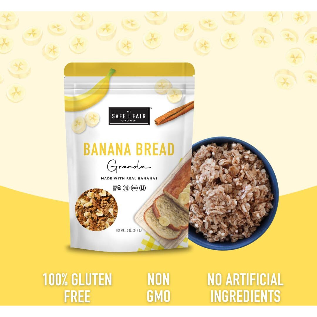 Safe + Fair Banana Bread Granola - Gluten-Free, Dairy Free And Vegan Breakfast, Snack Or Dessert - Free From Top 9 Allergens, Trans Fat And Artificial Ingredients - Non Gmo, 12Oz, 6 Pack
